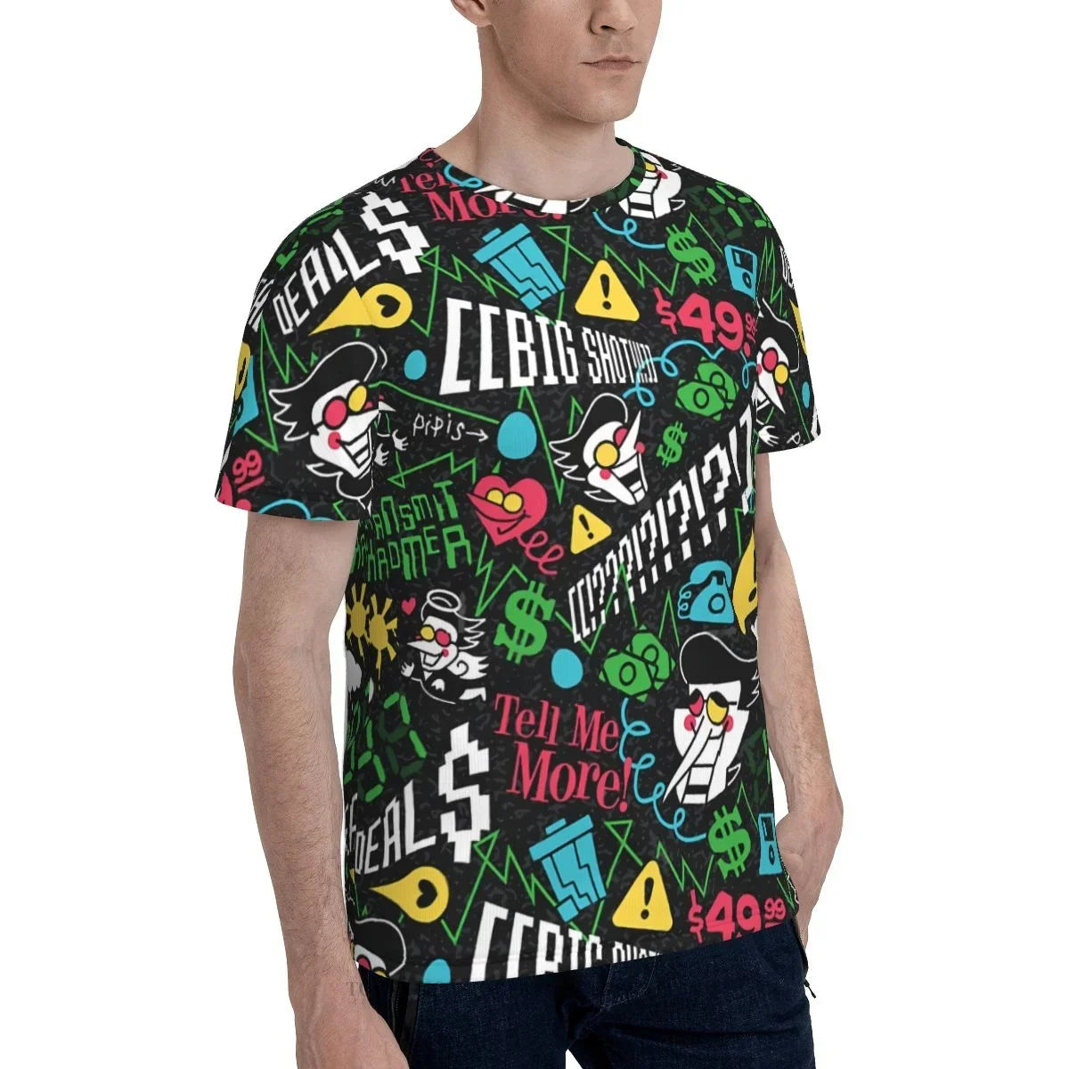 DELTARUNE Spamton t-shirt displayed in a casual outdoor setting, suitable for summer wear and gaming fans