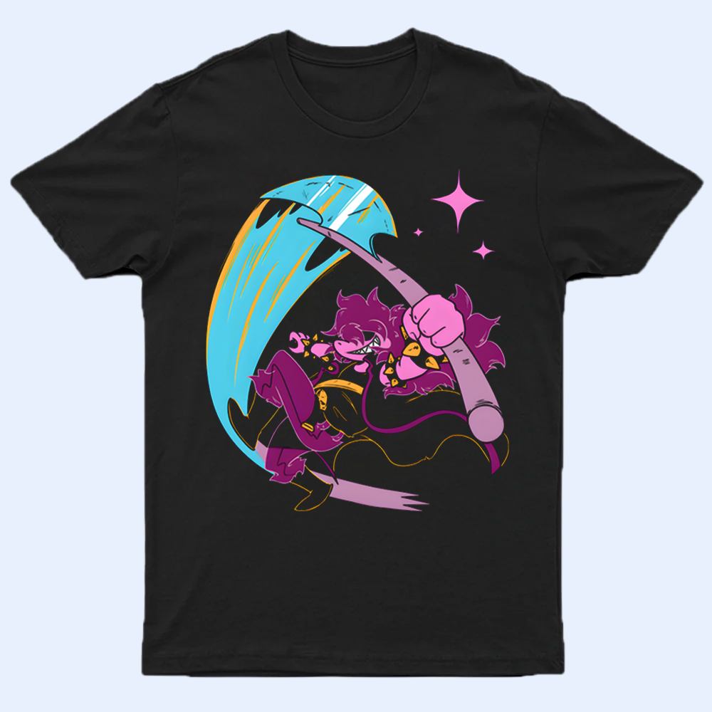 Front view of the DELTARUNE Susie character black t-shirt, featuring a vibrant graphic print of the fierce Darkner