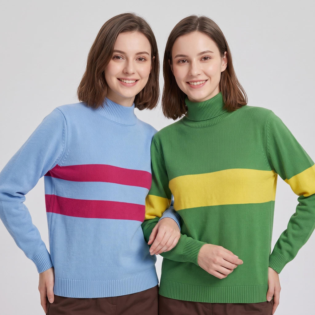 Pair of models wearing the Frisk Chara costume duo set for an Undertale fan meet.