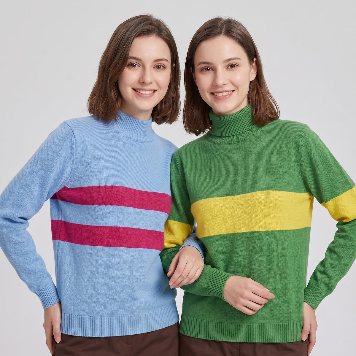 Pair of models wearing the Frisk Chara costume duo set for an Undertale fan meet.