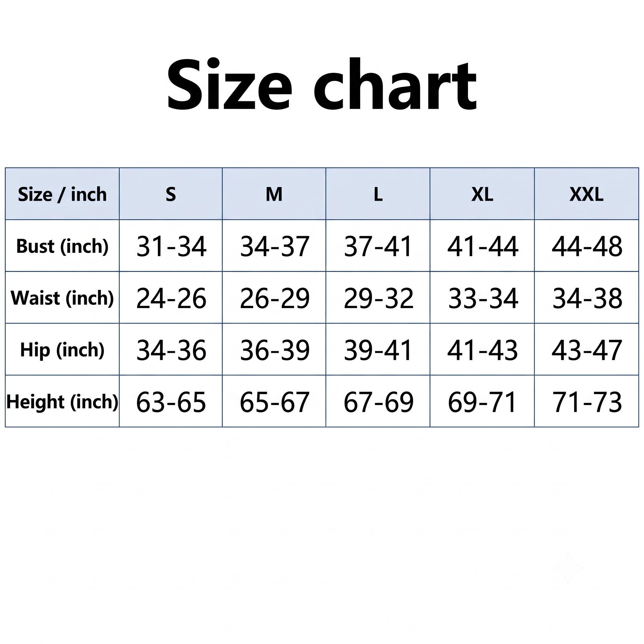 A size chart table showing measurements in inches for S, M, L, XL, and XXL sizes, with columns for Bust, Waist, Hip, and Height.