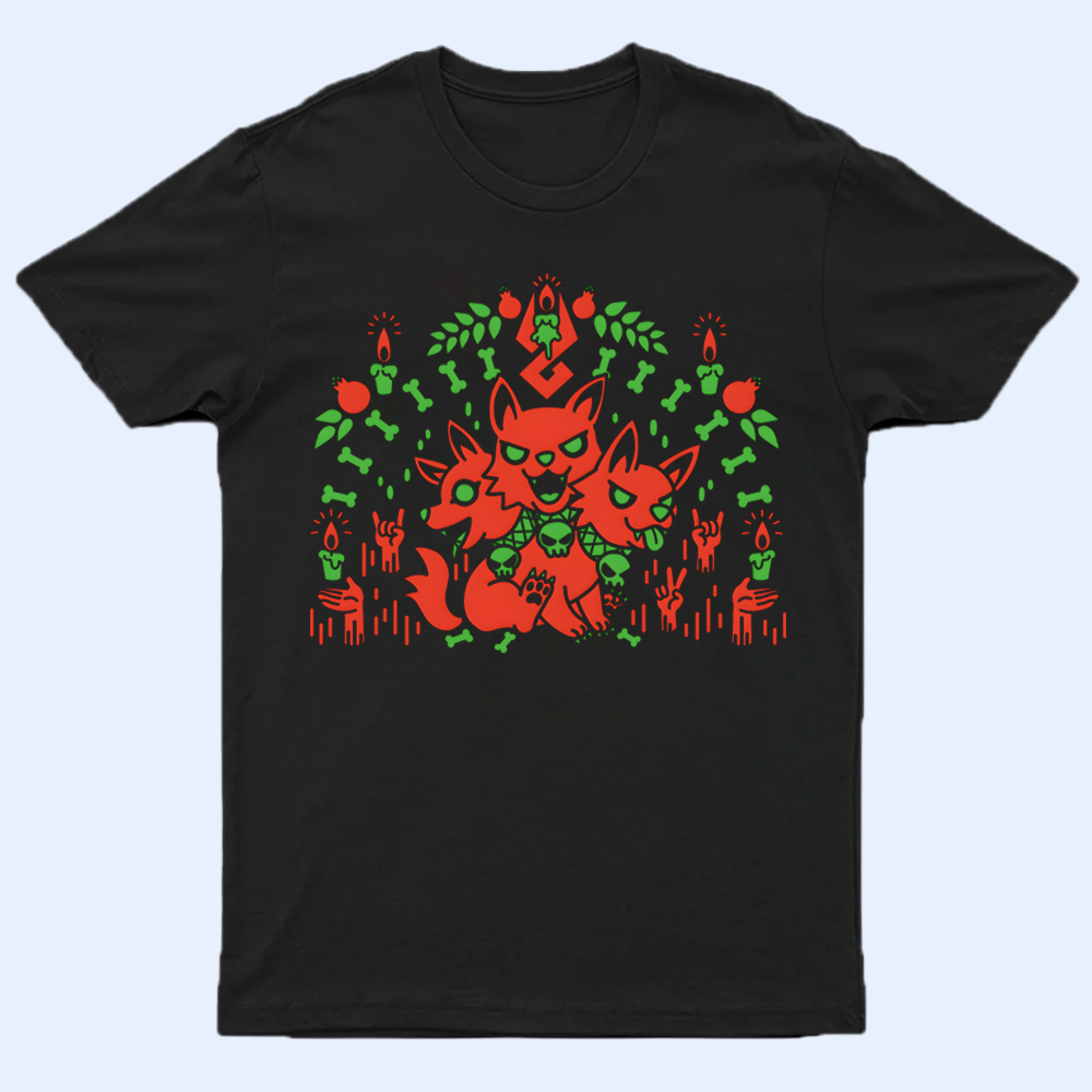 Front view of the Hades Cerberus shirt, showing the full three-headed guardian design