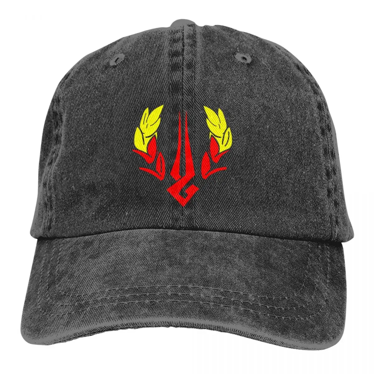 Front view of the Hades game merch hat, featuring the embroidered Zagreus logo symbol