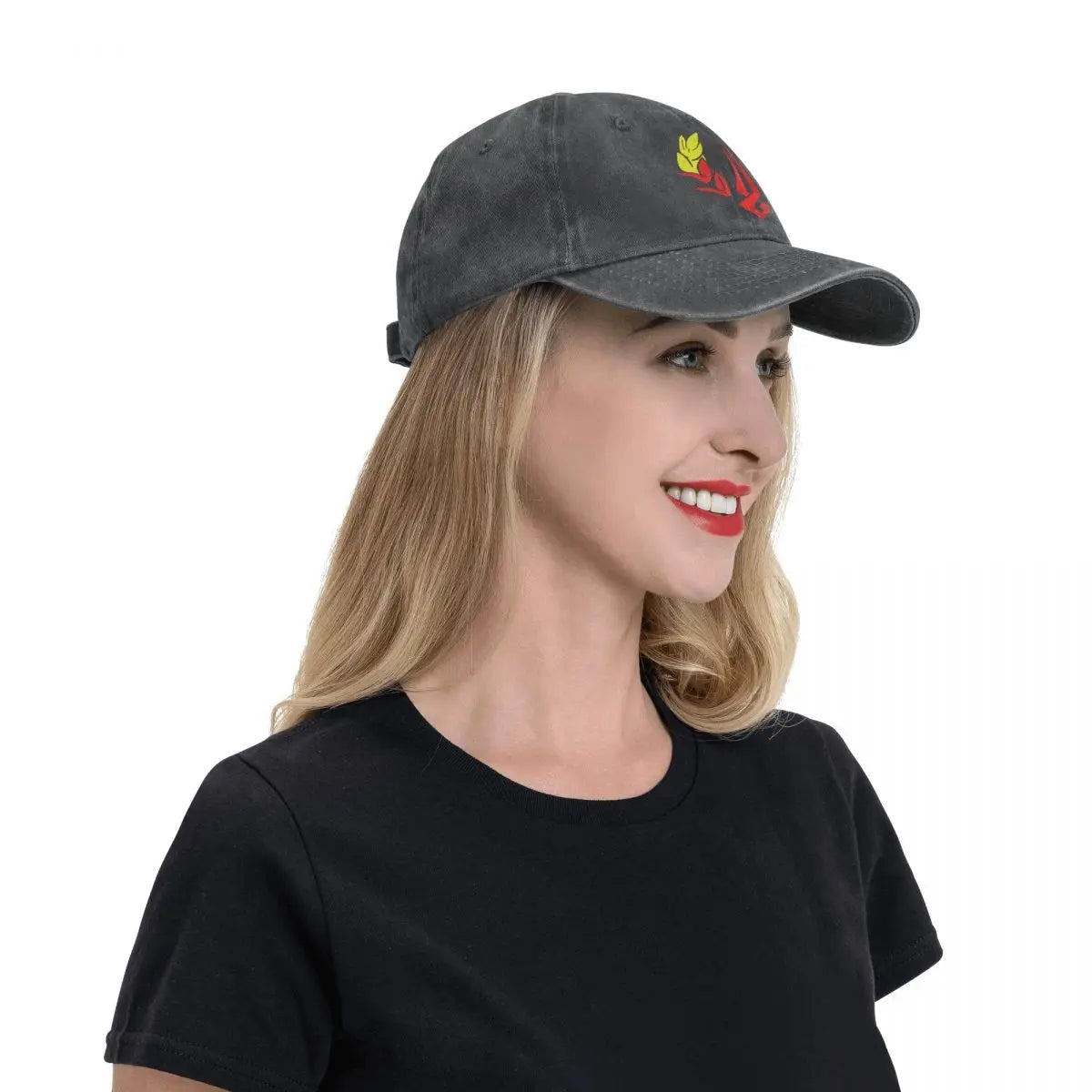 A lifestyle photo of a person wearing the Hades logo hat with the Zagreus symbol