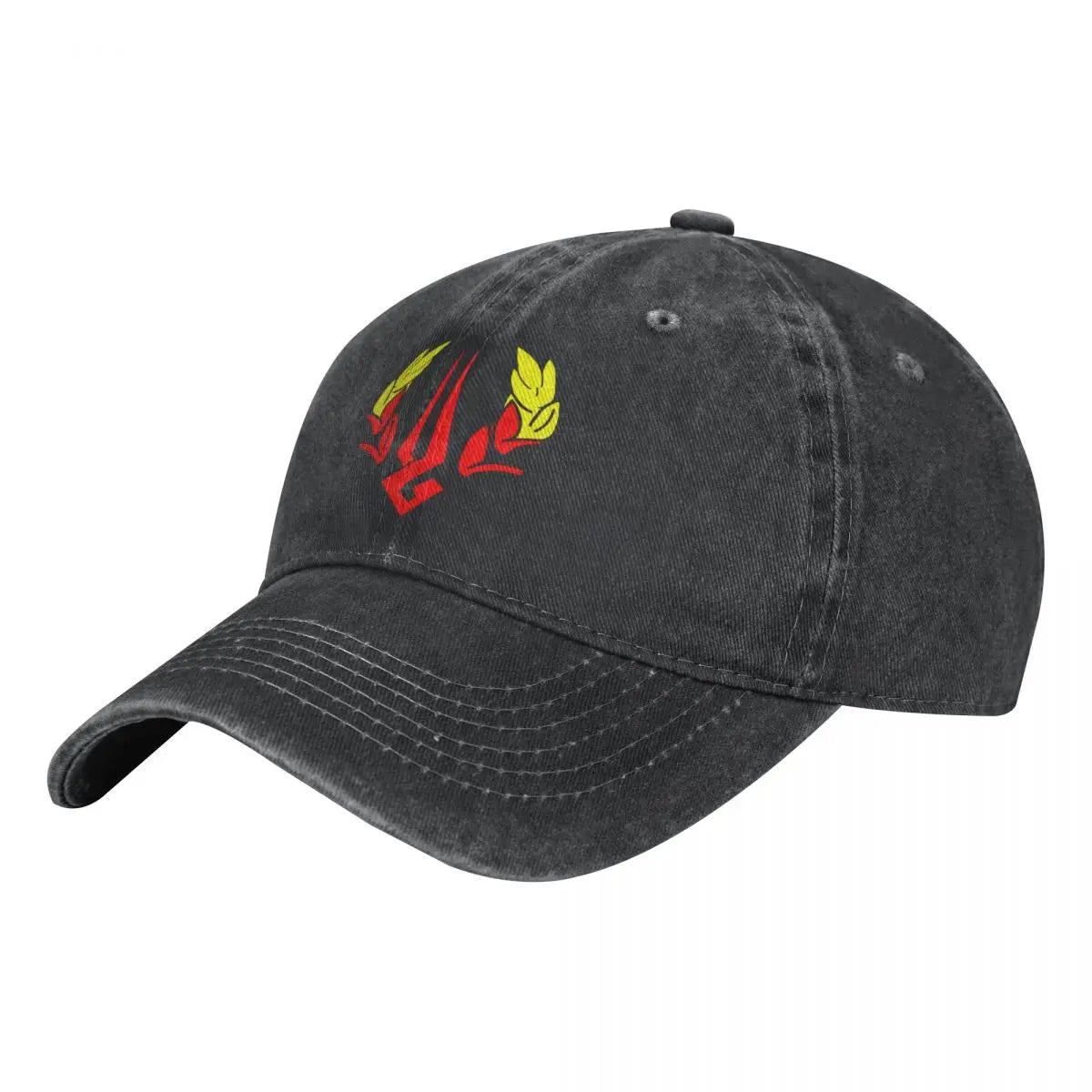 A detailed close-up of the embroidered Zagreus logo on the Hades cap, showing stitch quality
