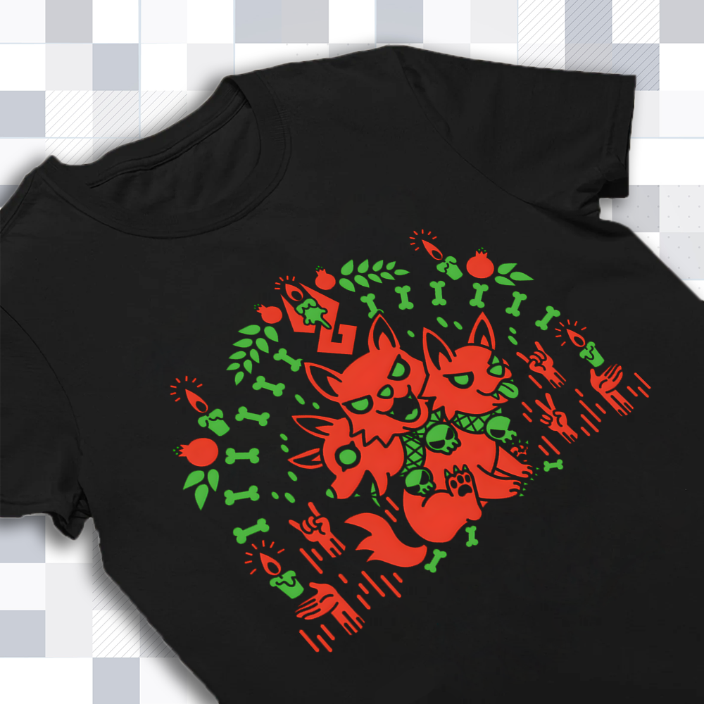 A detailed close-up of the Cerberus design on the Hades shirt, highlighting the unique art style