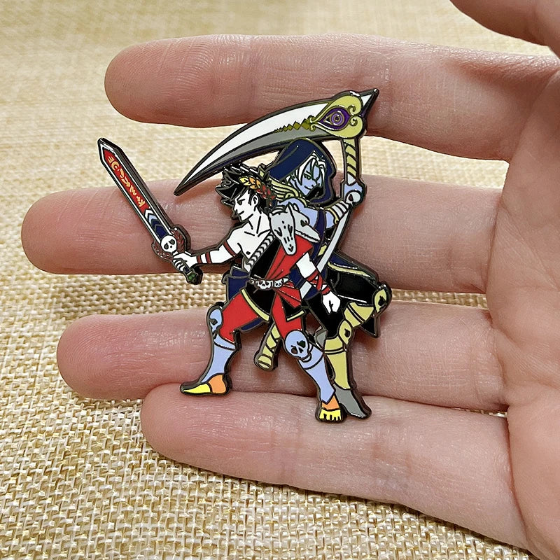 A detailed close-up of the Hades pin design, highlighting the metal and enamel quality