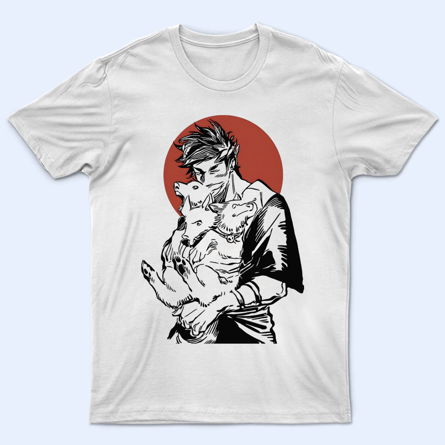 Front view of the Hades shirt featuring the powerful duo of Zagreus and Cerberus in an epic design
