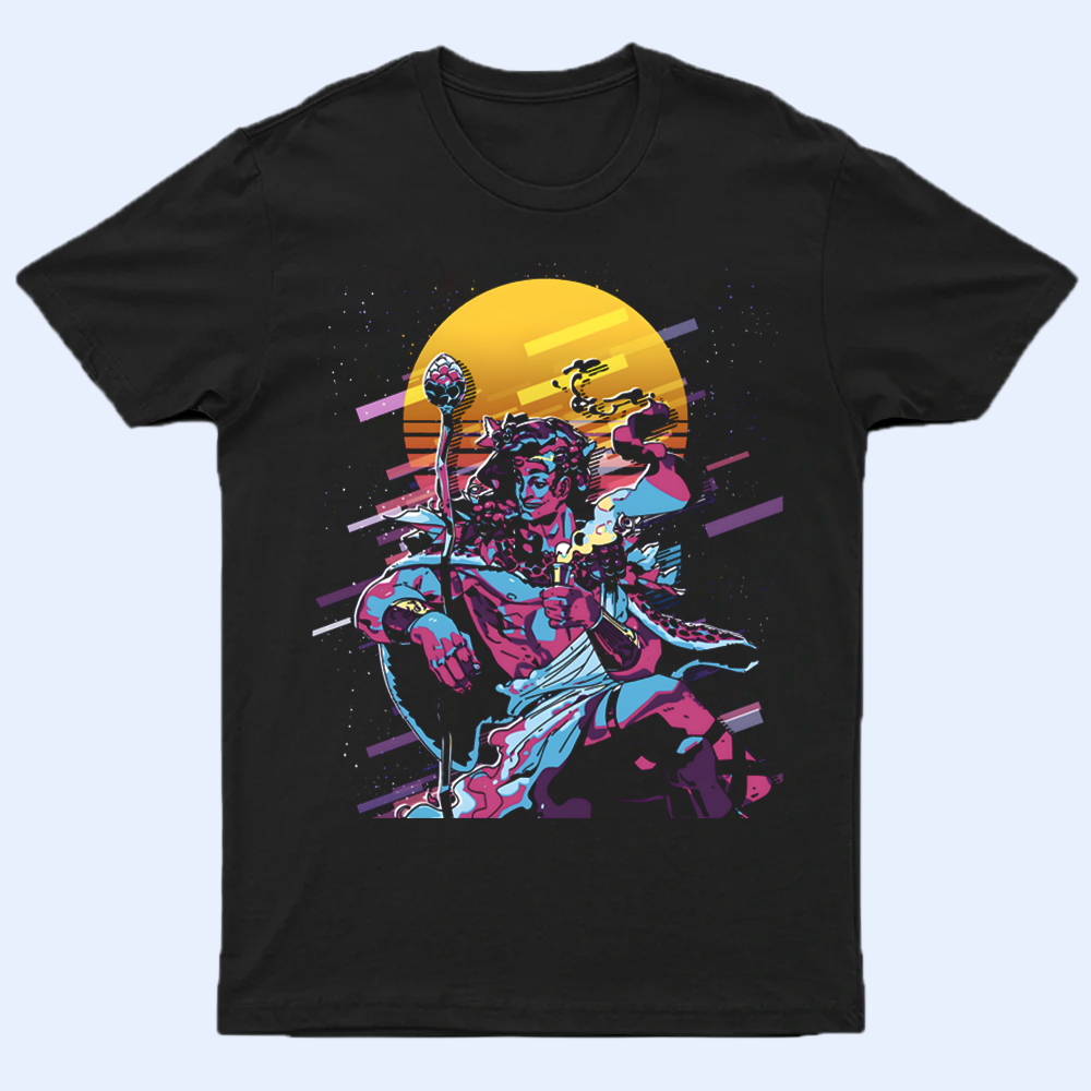 Front view of the Hades shirt featuring Dionysus in a retro-style design