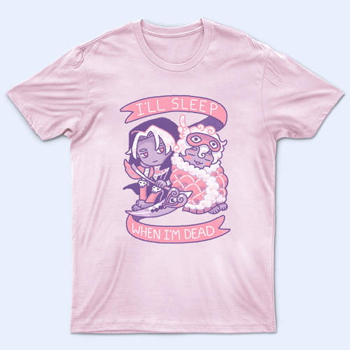 Front view of the Hades shirt with the text 'I'll Sleep When I'm Dead,' inspired by the game's rebellious protagonist
