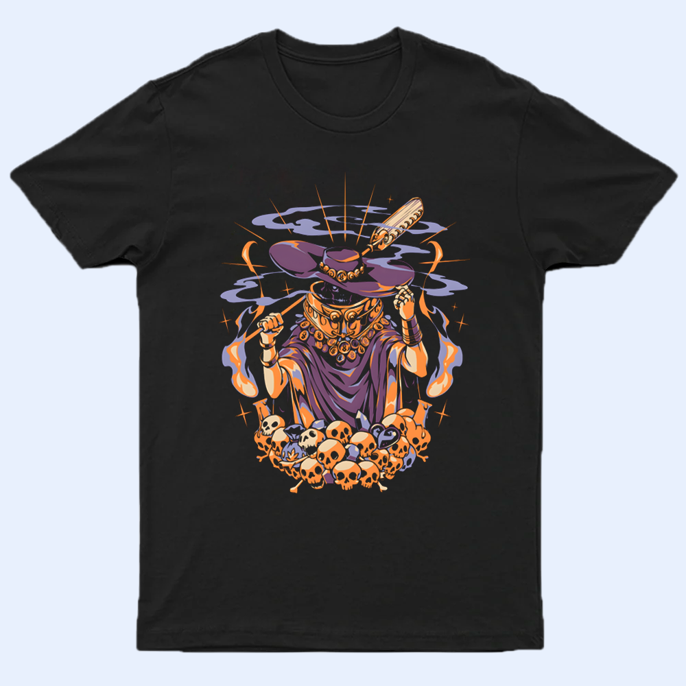Front view of the Hades shirt featuring the Stygian Boatman, Charon, in a classic pose with his oar