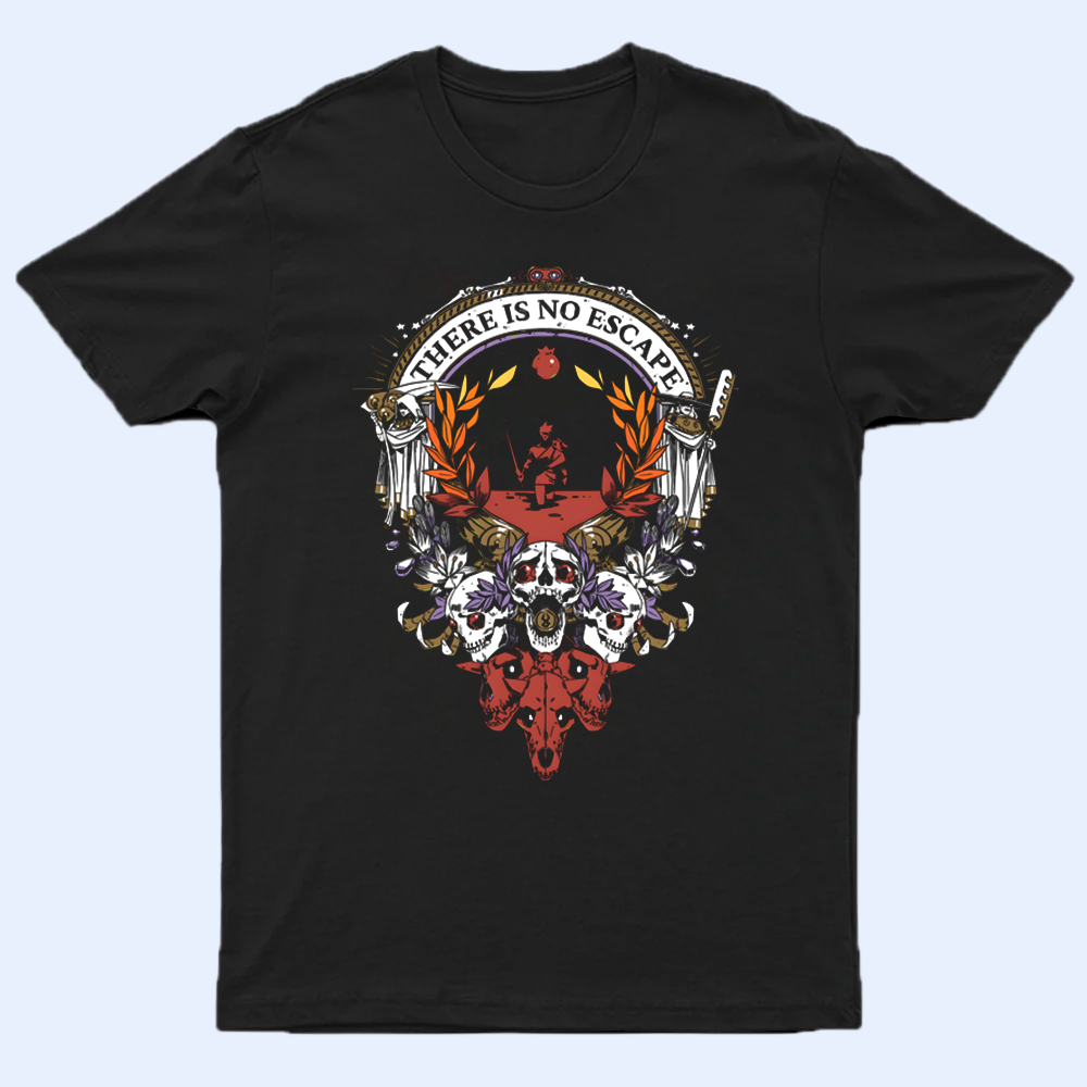 Front view of the Hades shirt with the text 'There Is No Escape,' inspired by the game's iconic phrase