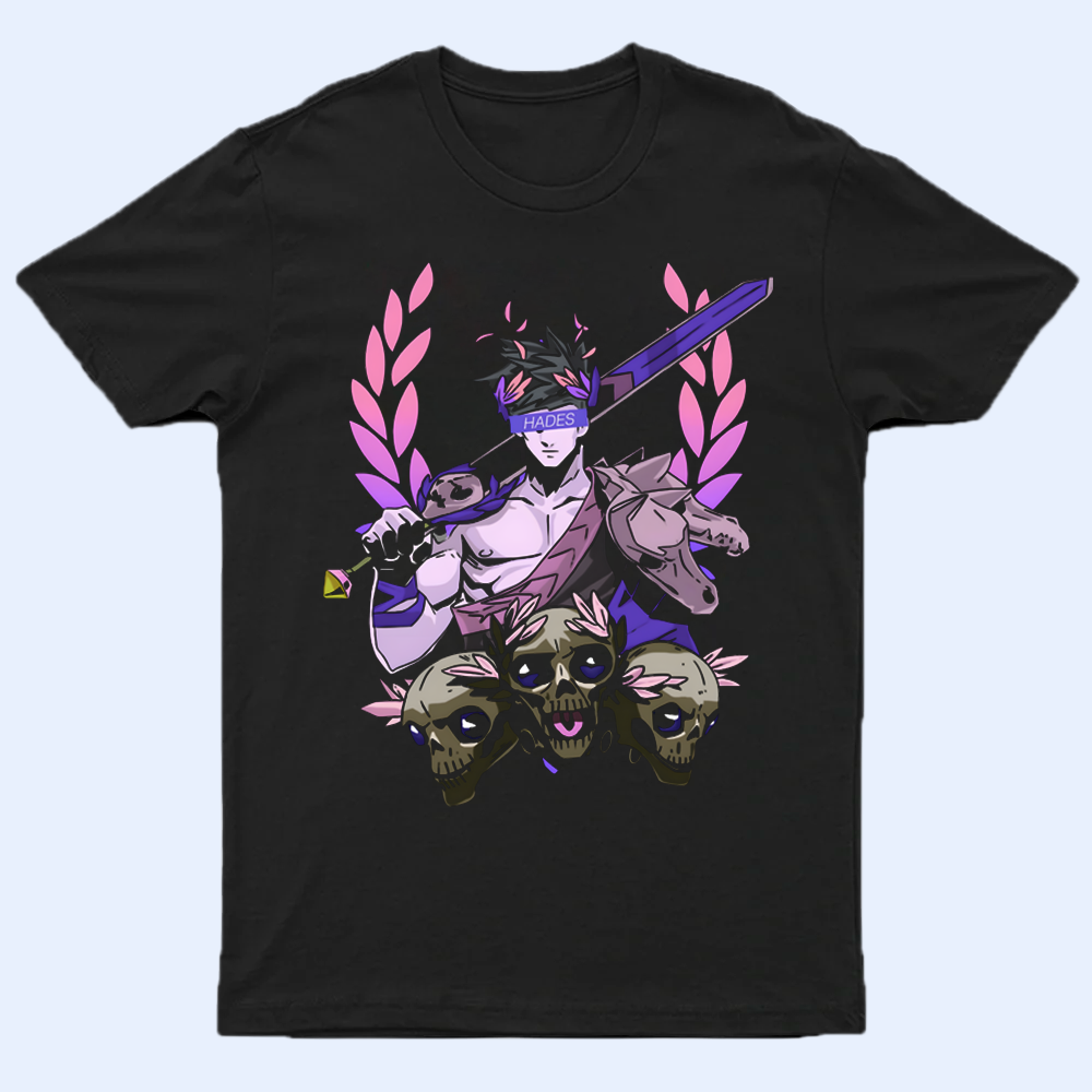 Front view of the Hades shirt featuring Zagreus and Cerberus standing side-by-side, showcasing their bond