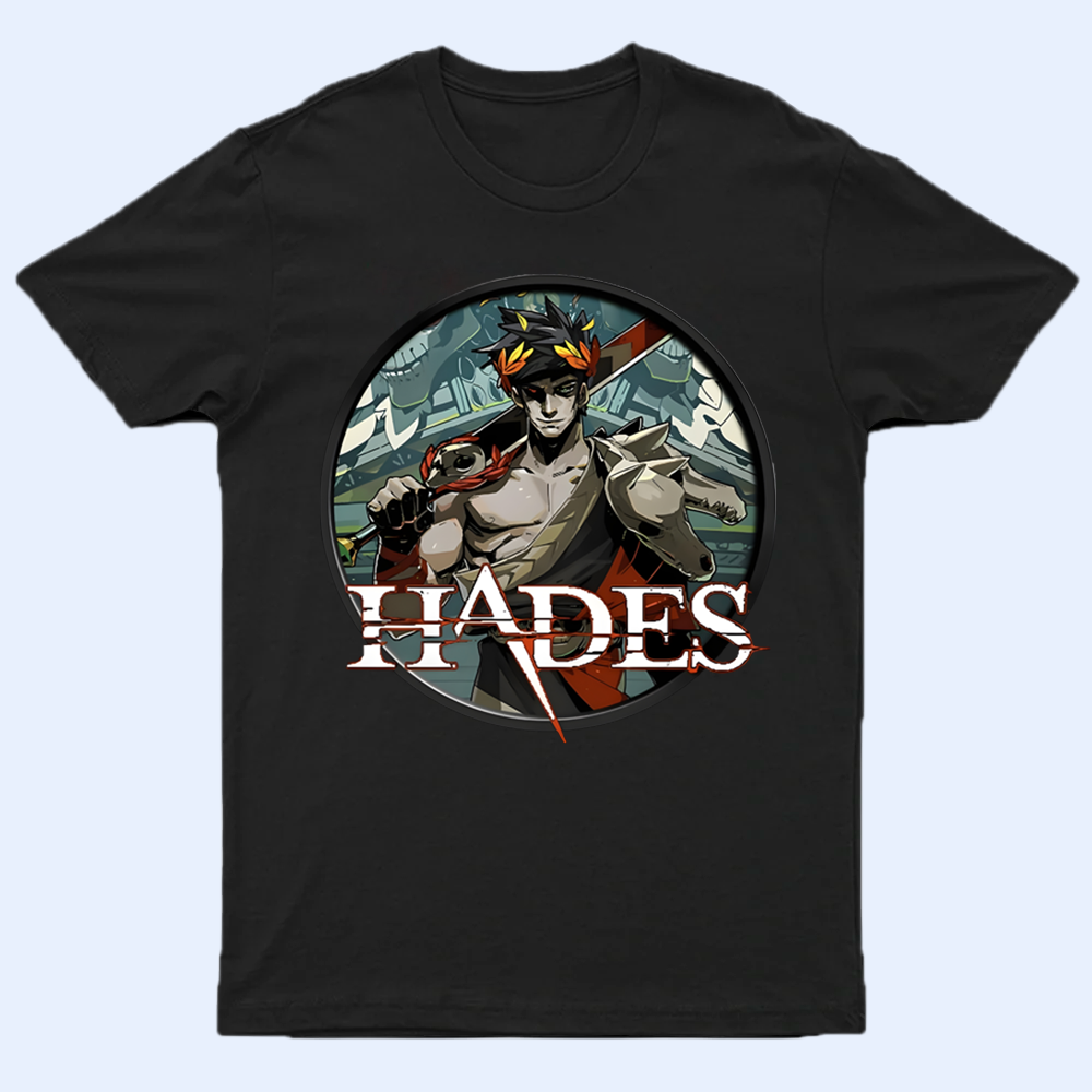 Front view of the Hades Zagreus shirt, with a detailed design of the God of Blood