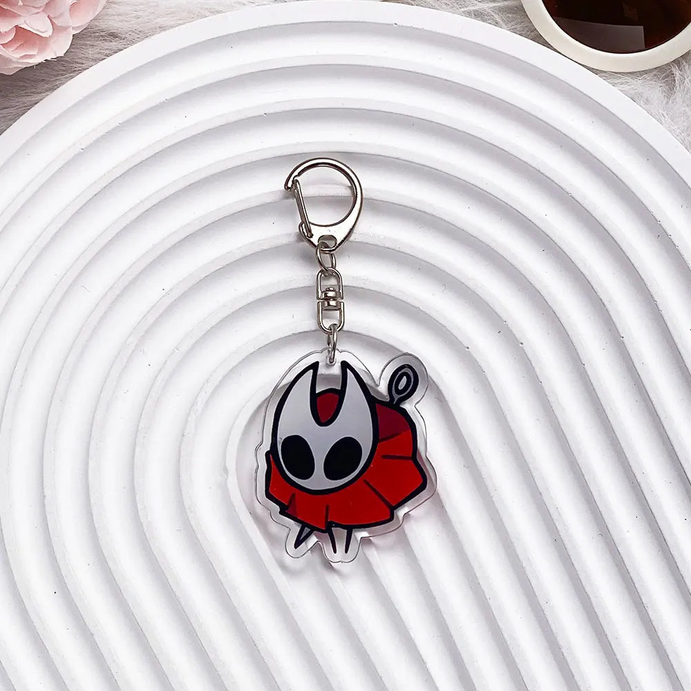 Close-up of The Knight acrylic keychain, showing print detail, model4