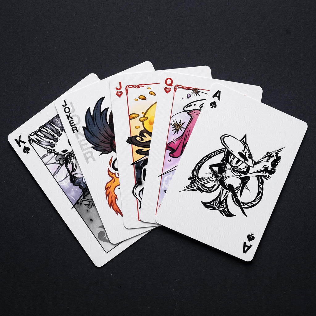 A fan spread of five custom face cards from the Hollow Knight card deck including the King of Spades, Joker, and Ace of Spades featuring iconic Hallownest characters, high-quality Hollow Knight merch.