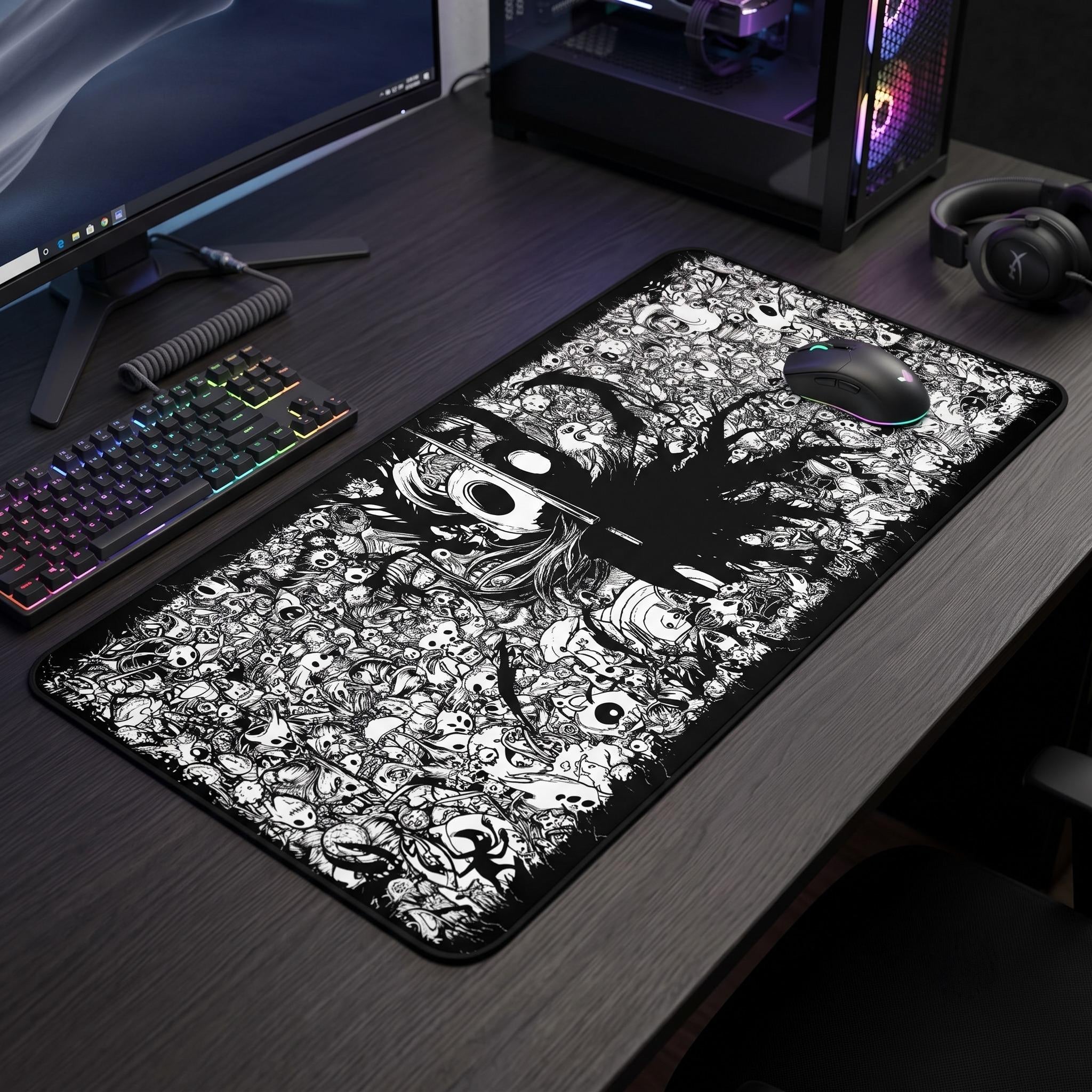 Full flat-lay view of the Hollow Knight characters desk mat featuring Hornet, The Knight, and Quirrel, premium Hollow Knight merch.
