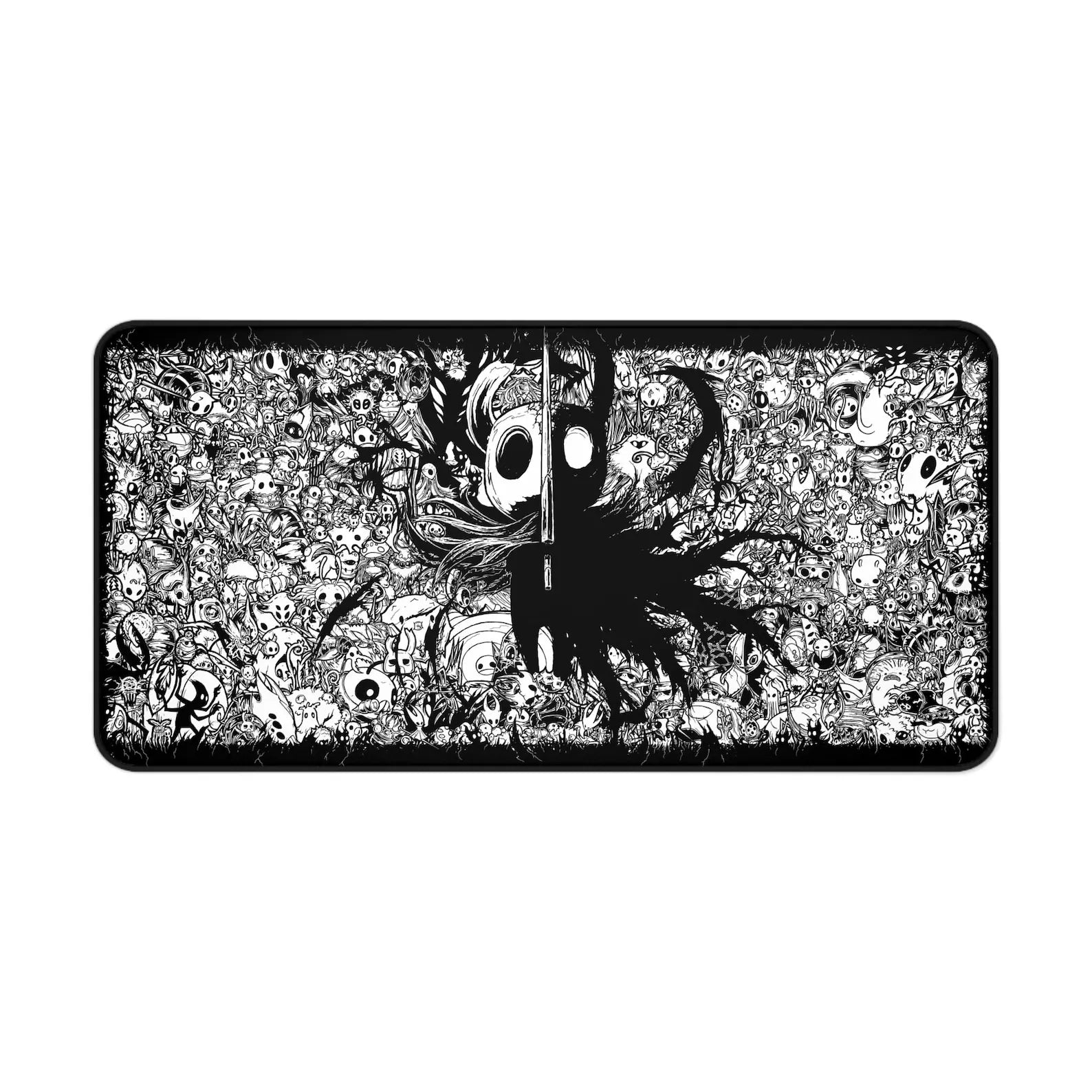 Front view of the Hollow Knight characters desk mat featuring Hornet, The Knight, and Quirrel, premium Hollow Knight merch
