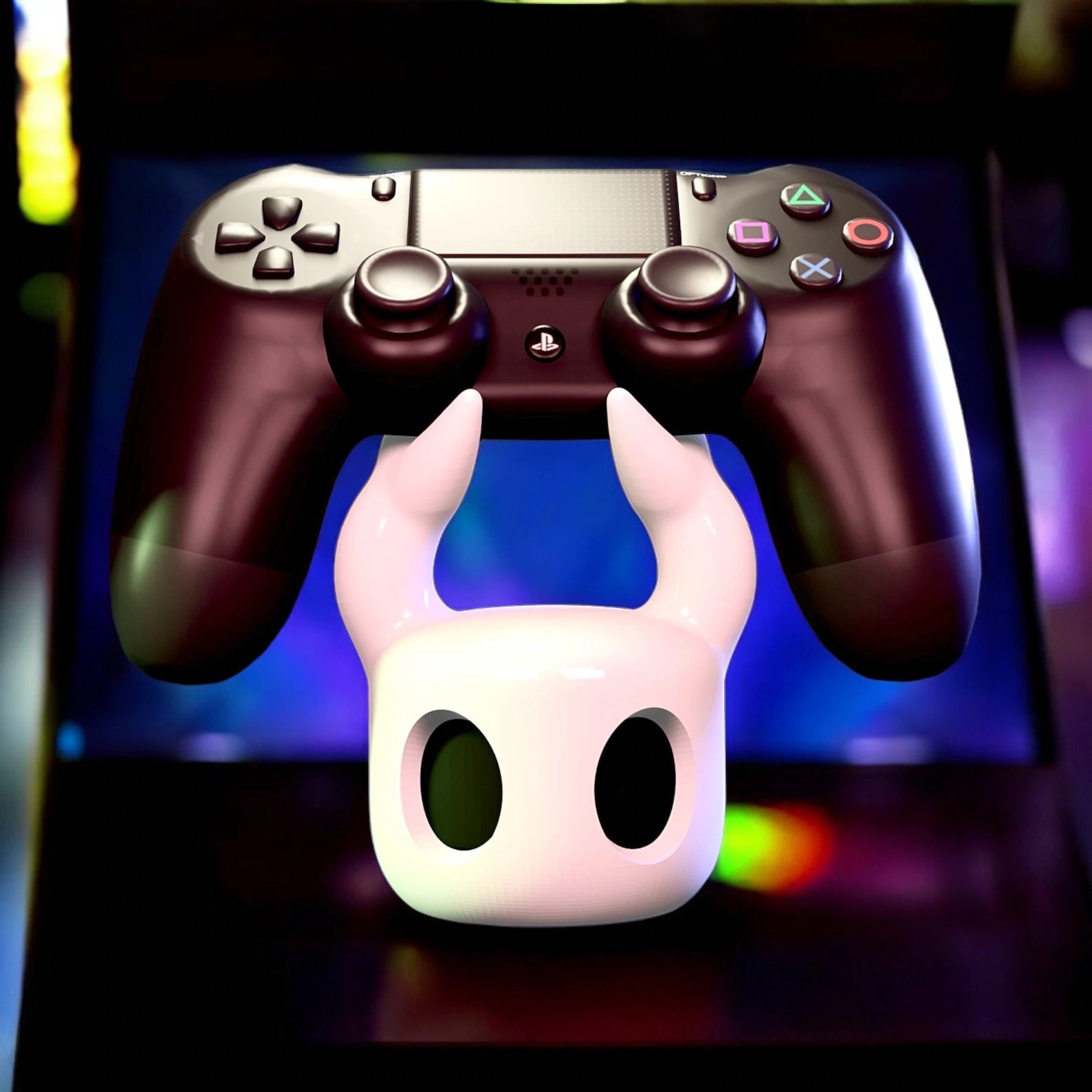 The Hollow Knight Controller Stand holding a game controller, demonstrating its functional use as Hollow Knight Merch.