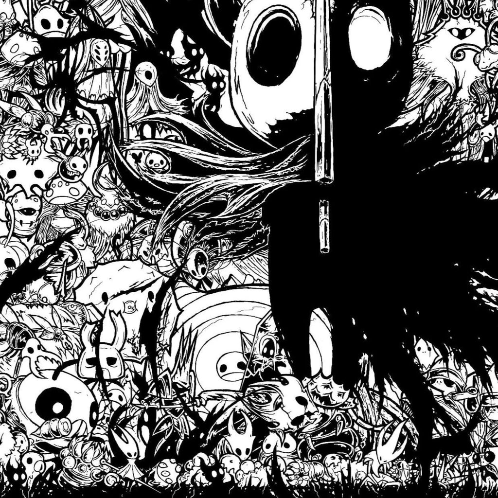 Detailed close-up of the heavy-duty anti-fray stitched borders on the Hollow Knight characters desk mat.