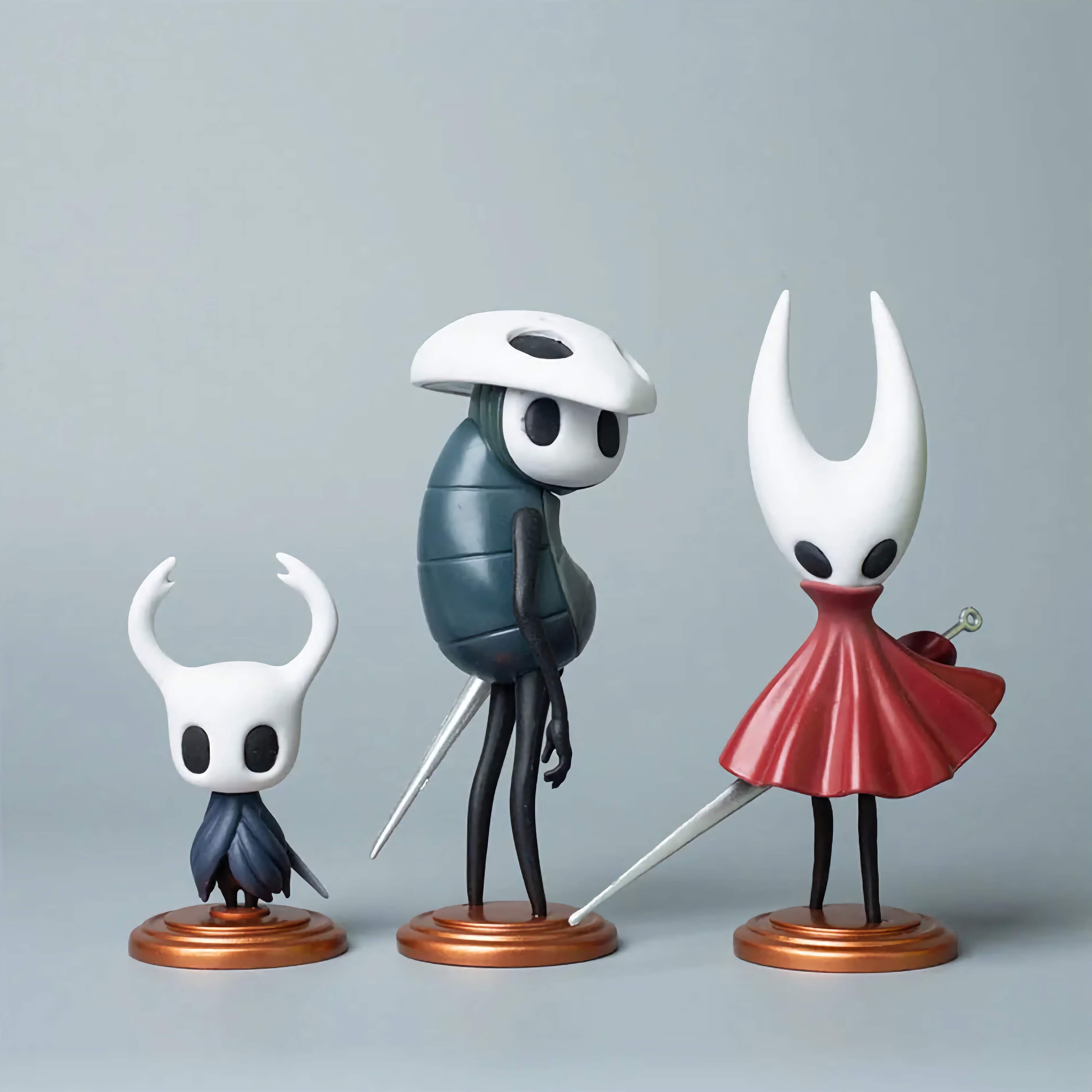 Three-piece Hollow Knight figure set featuring Hornet, The Knight, and Quirrel. The best Silksong figure and Hallow Knight figures combo