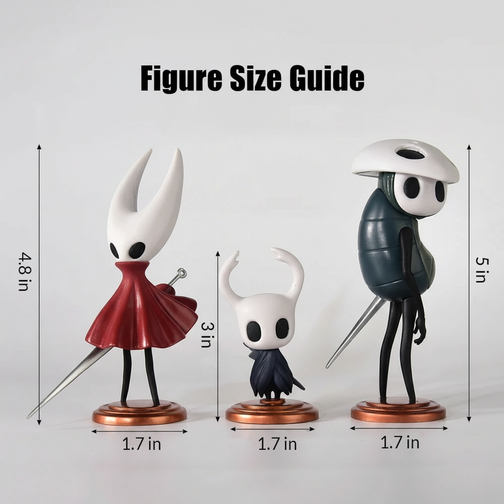 Hollow Knight Figure size guide with three stylized figures and measurements on a light gray background