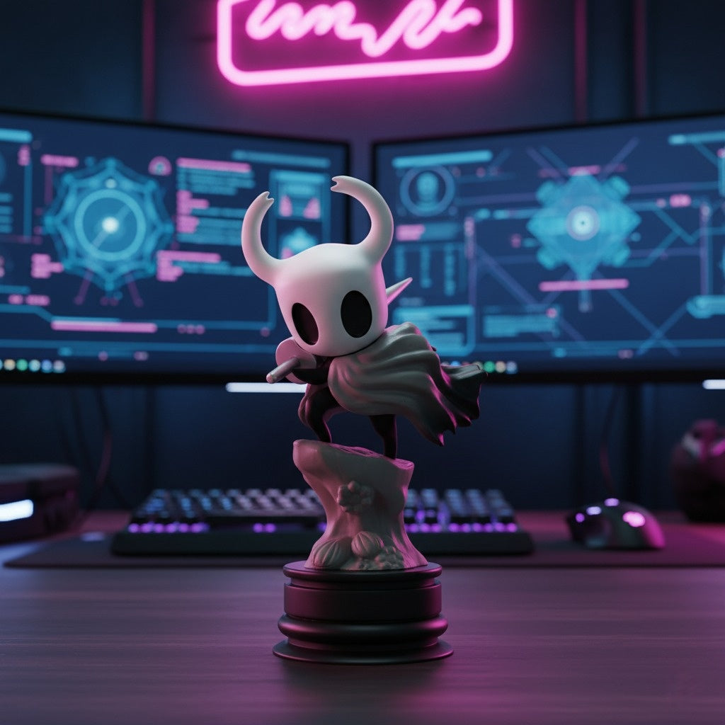 The Hollow Knight Figure of The Knight displayed on a computer desk, showing its use as collectible Hollow Knight Merch.