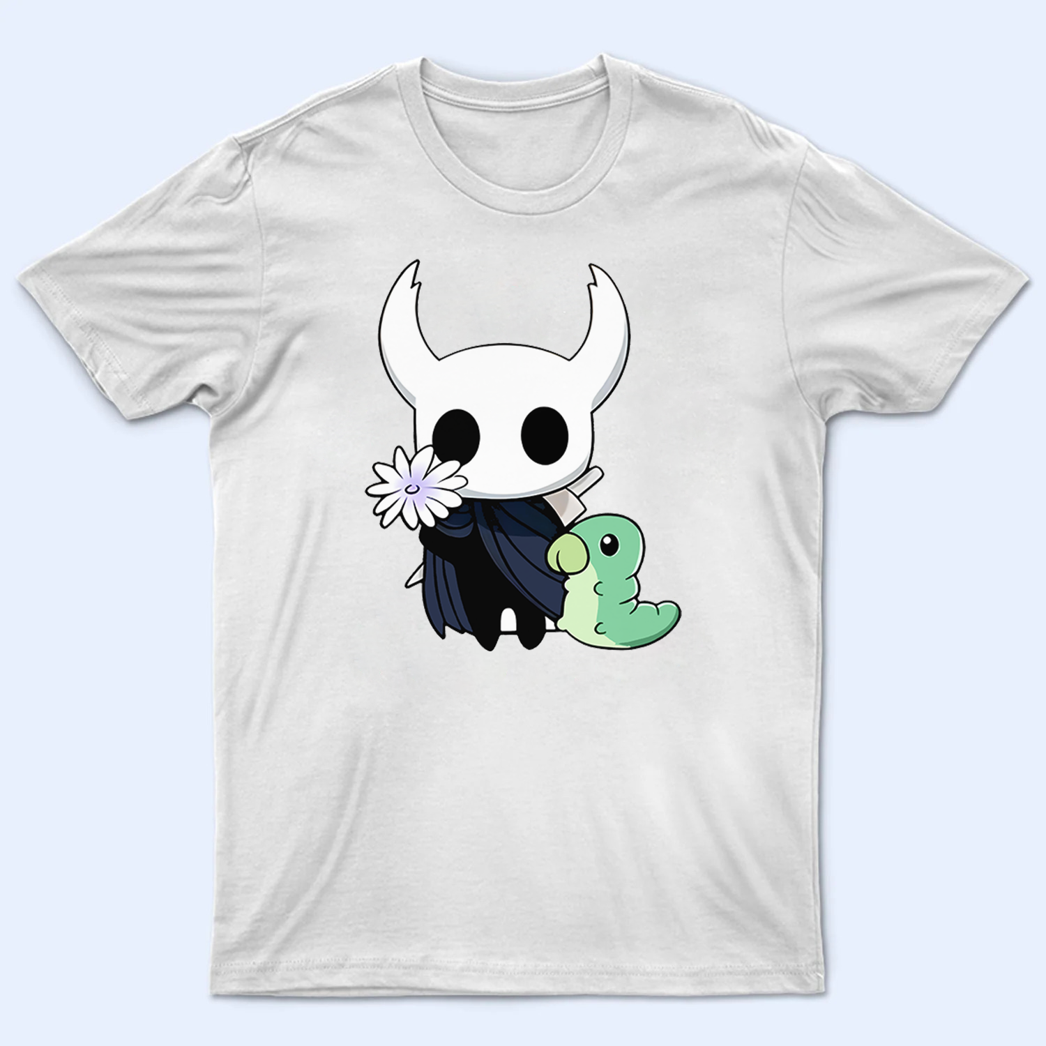Cute Hollow Knight Grub character printed on a t-shirt mockup