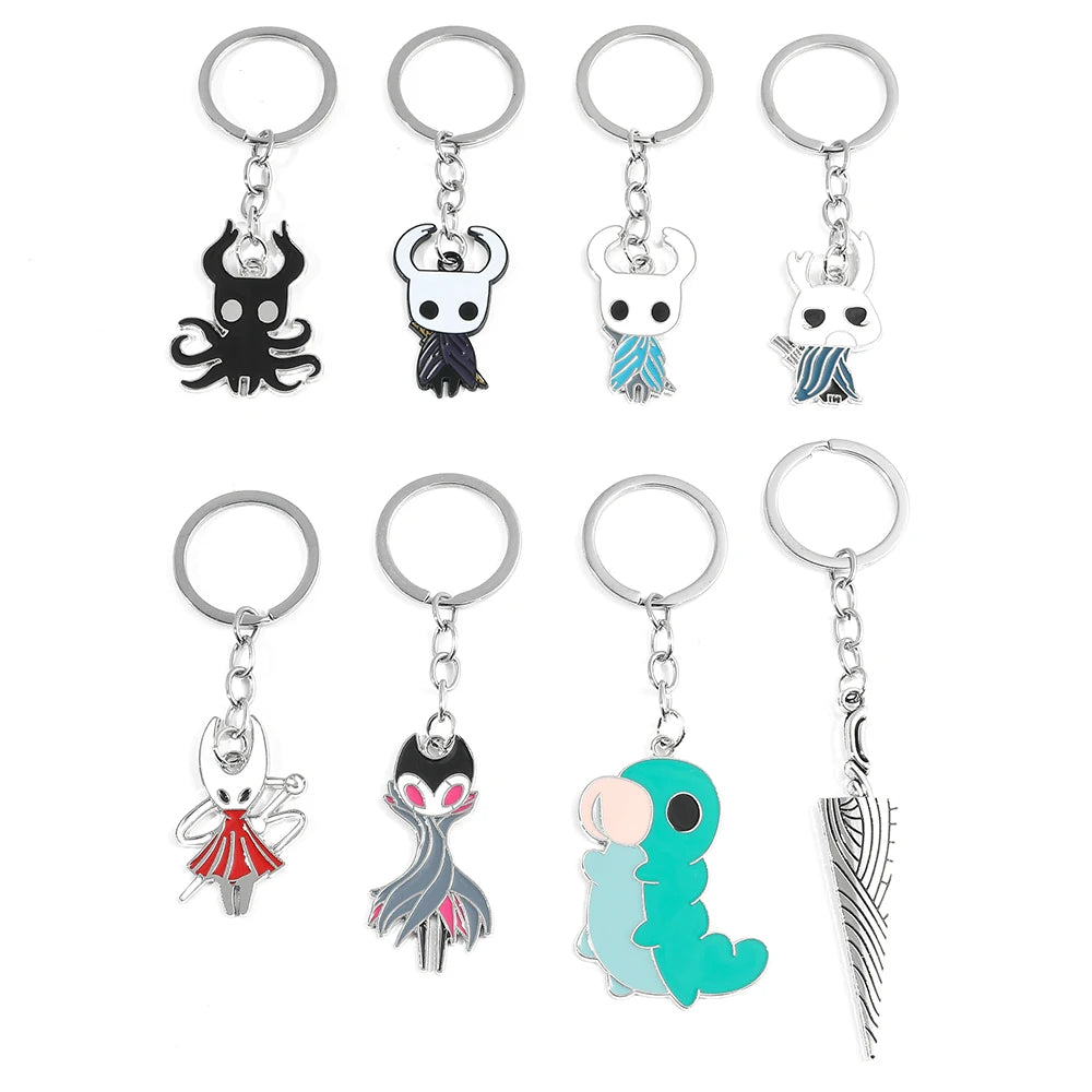 Front view of the cute Hollow Knight metal keychain.