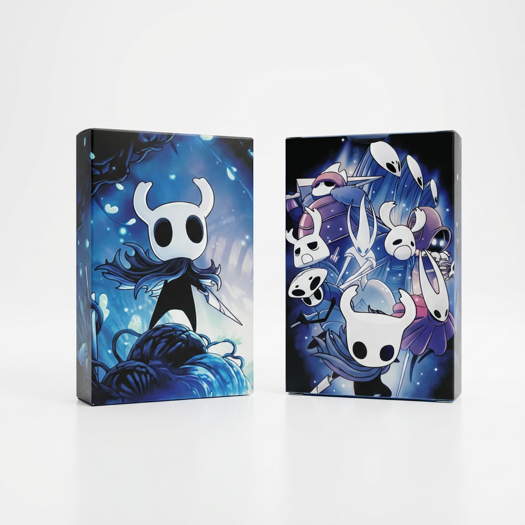 Hollow Knight Lomo Cards used as decoration in a traveler's journal next to a fountain pen.