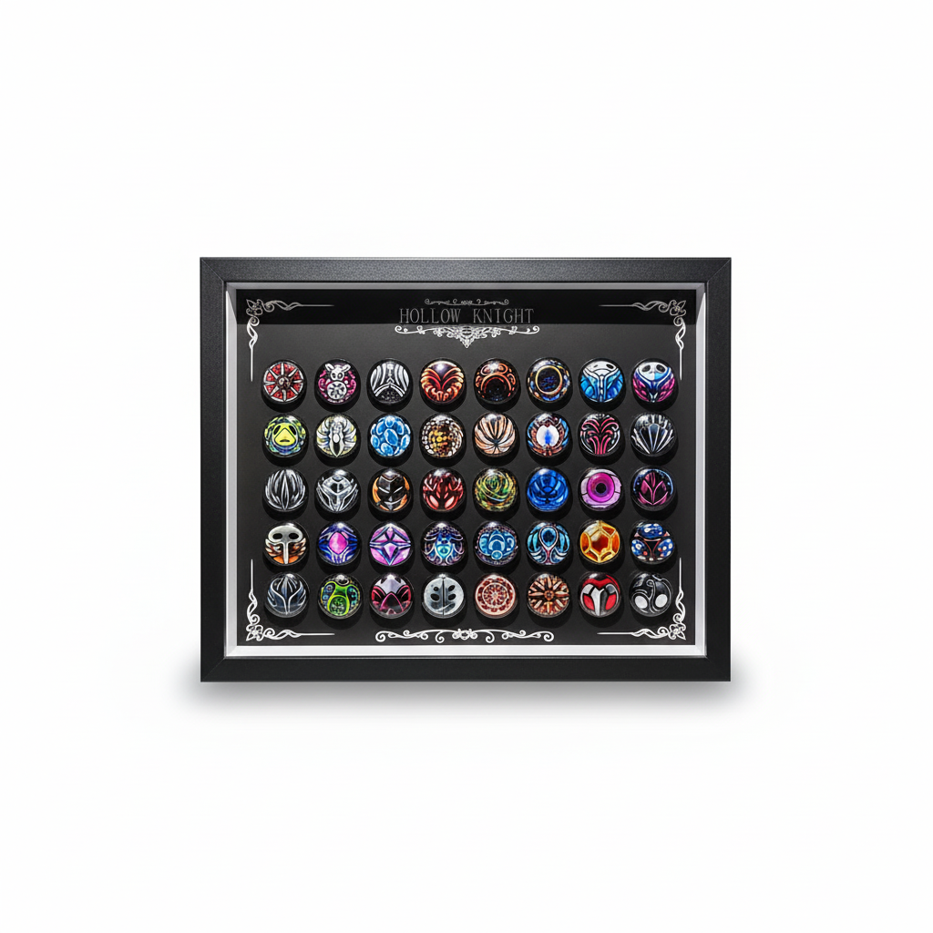 Front view of the complete Hollow Knight Magnetic Charm Set, showcasing all individual magnet pieces.
