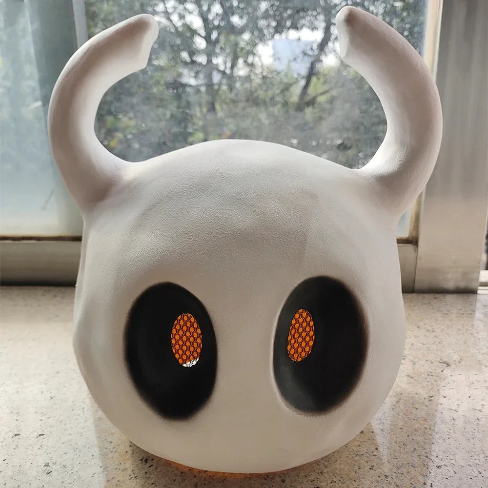 close-up of the eye openings and flexible latex interior construction of the Hollow Knight mask.