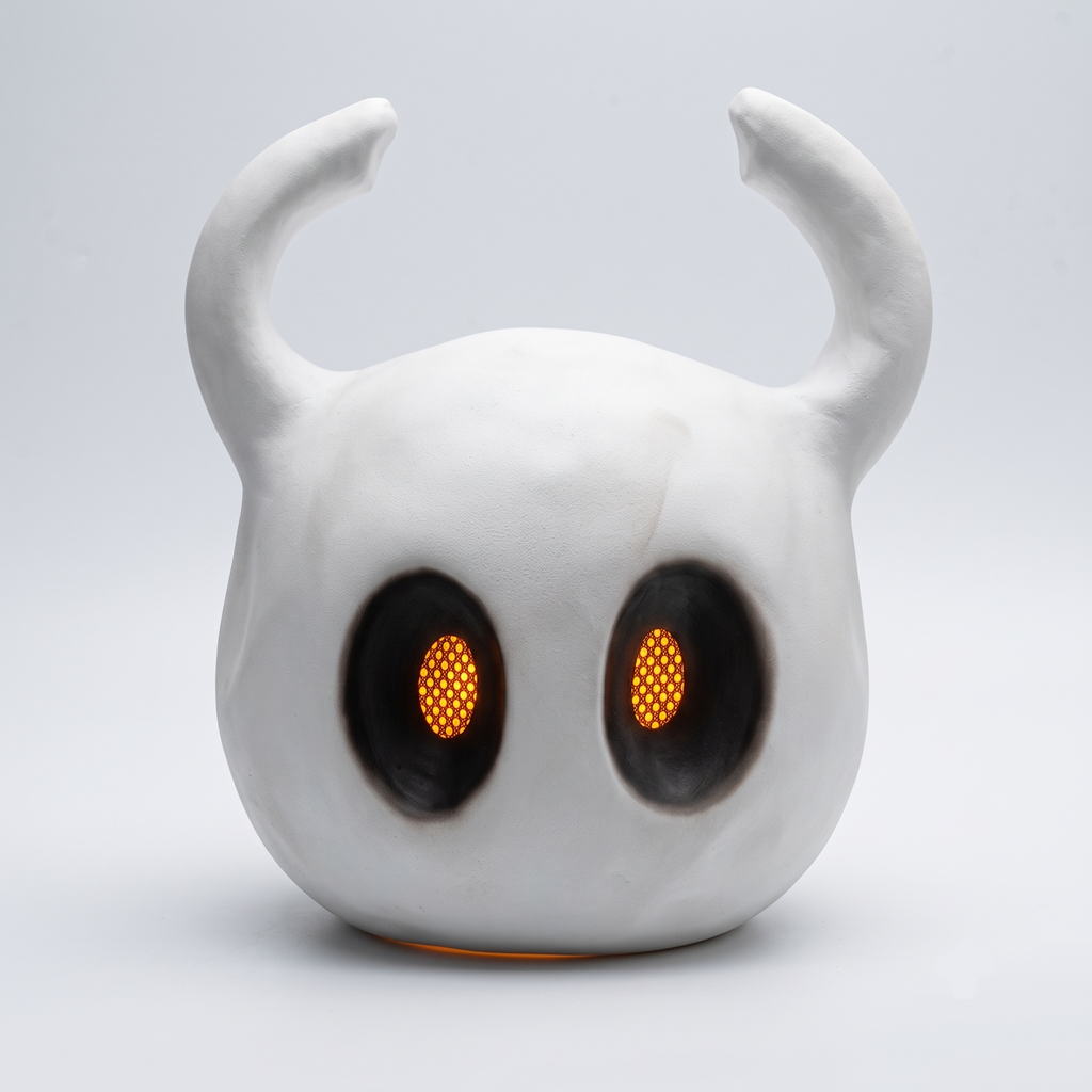 Front view of the wearable Hollow Knight mask showing the horned shell sculpt, ideal for The Knight cosplay.
