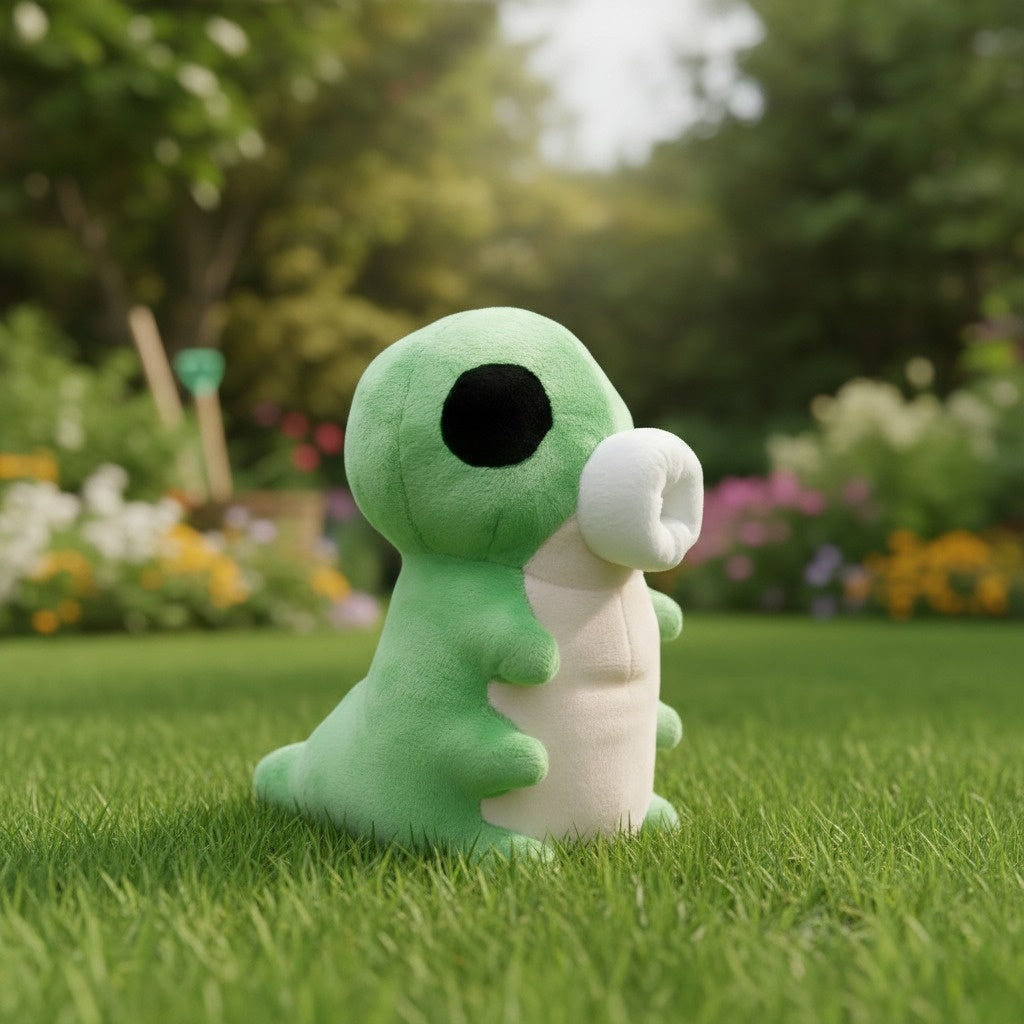 A Hollow Knight Grub plush toy sitting on a garden