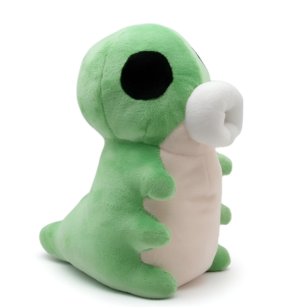 Front view of a green Hollow Knight Grub plush toy with a cute, smiling expression.