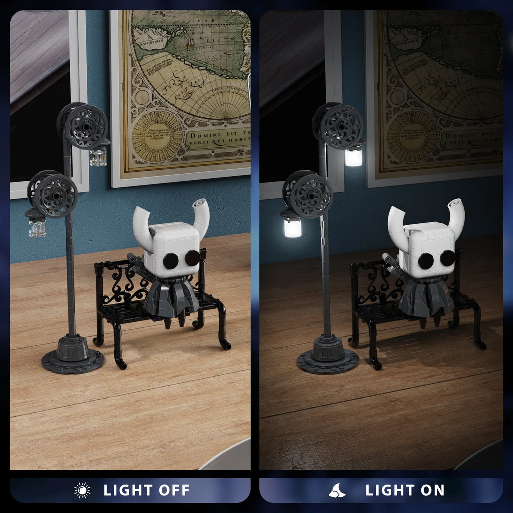 The finished Hollow Knight MOC Toy displayed next to a gaming setup, showcasing the unique collectible.