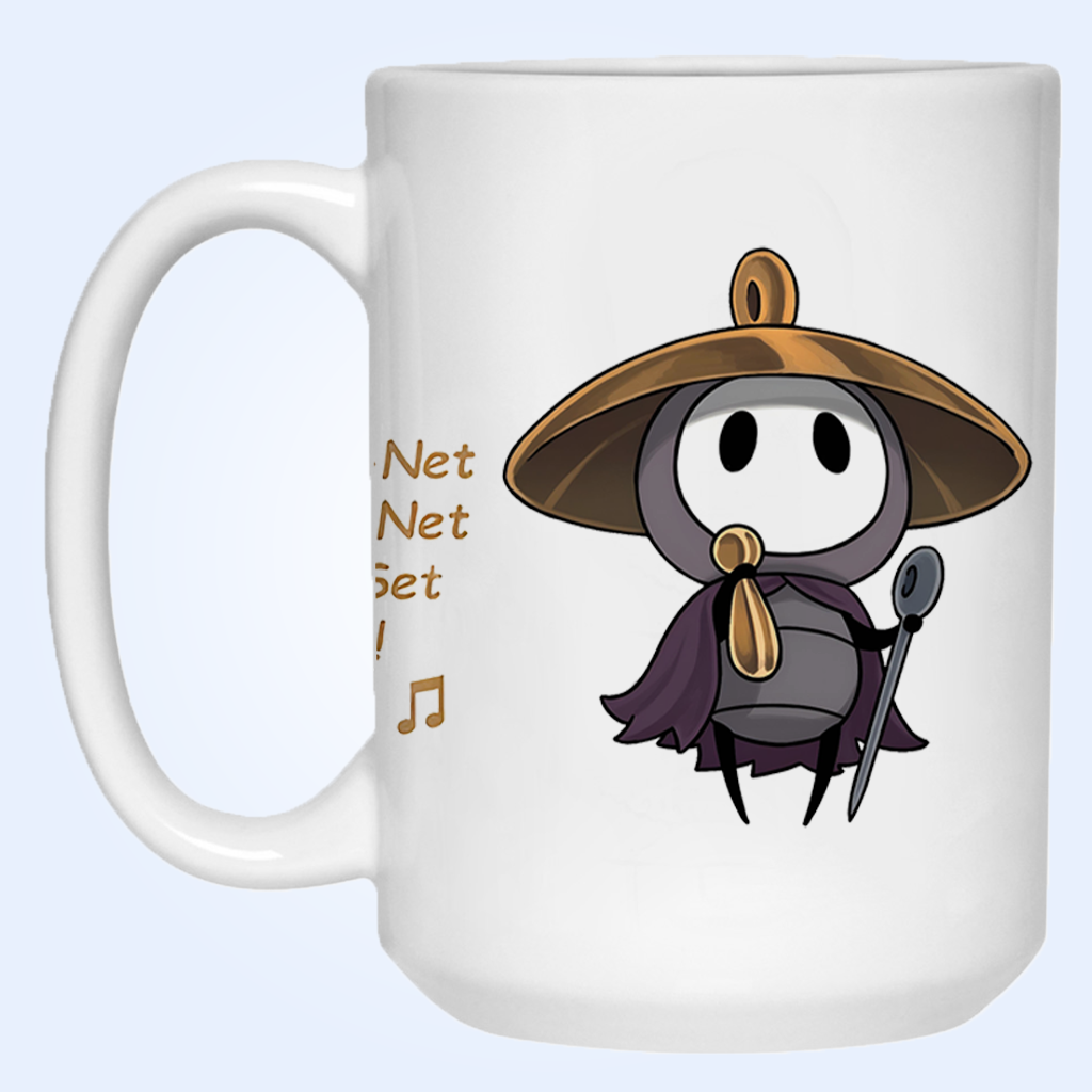 A white ceramic mug featuring Sherma Silksong graphic in a brown hat and purple cape, alongside partial gold text on a light blue background.