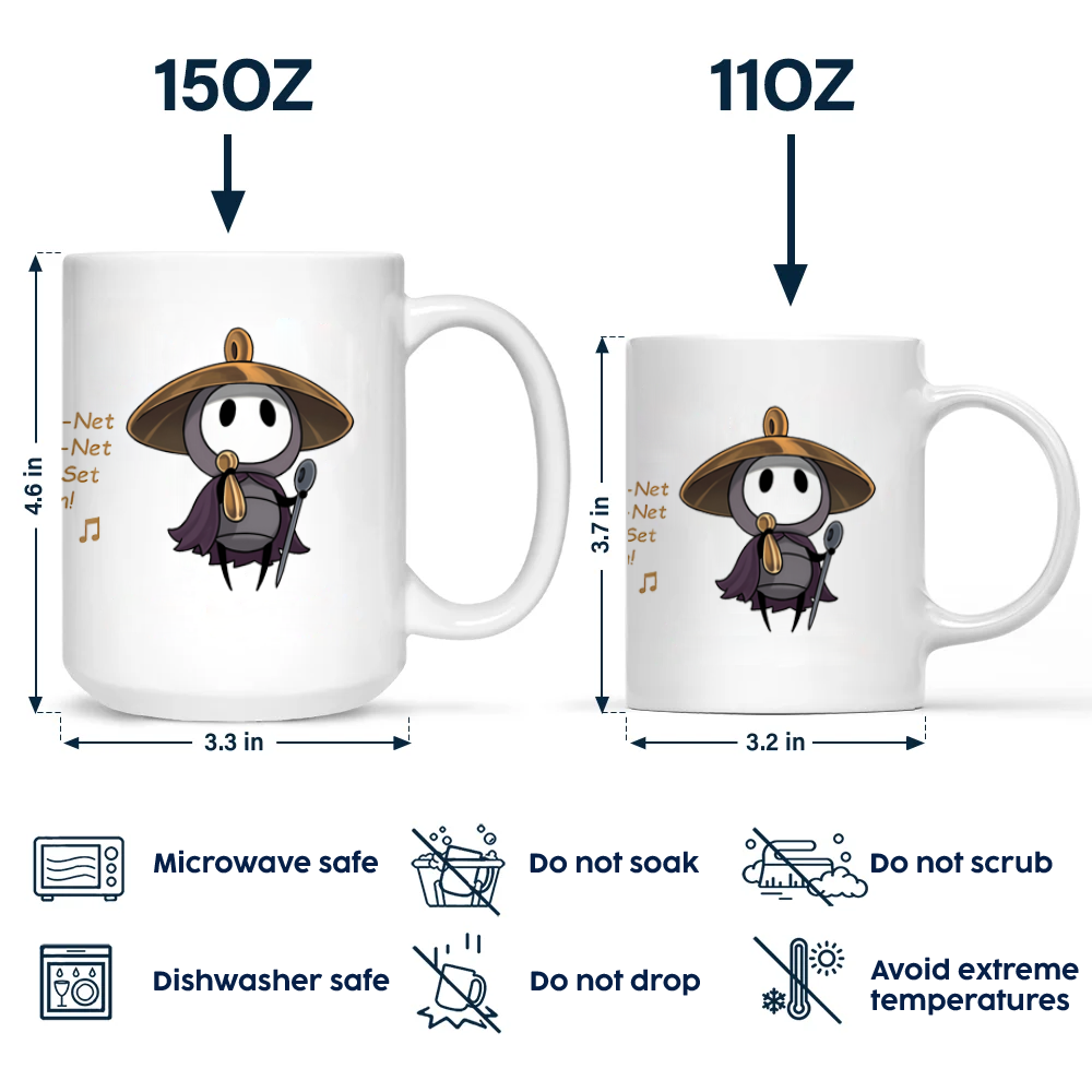 Two white ceramic mugs shown side by side with Sherma Silksong graphics and dimension labels reading 15OZ and 11OZ, plus care icons below indicating microwave safe, dishwasher safe, and other handling instructions.