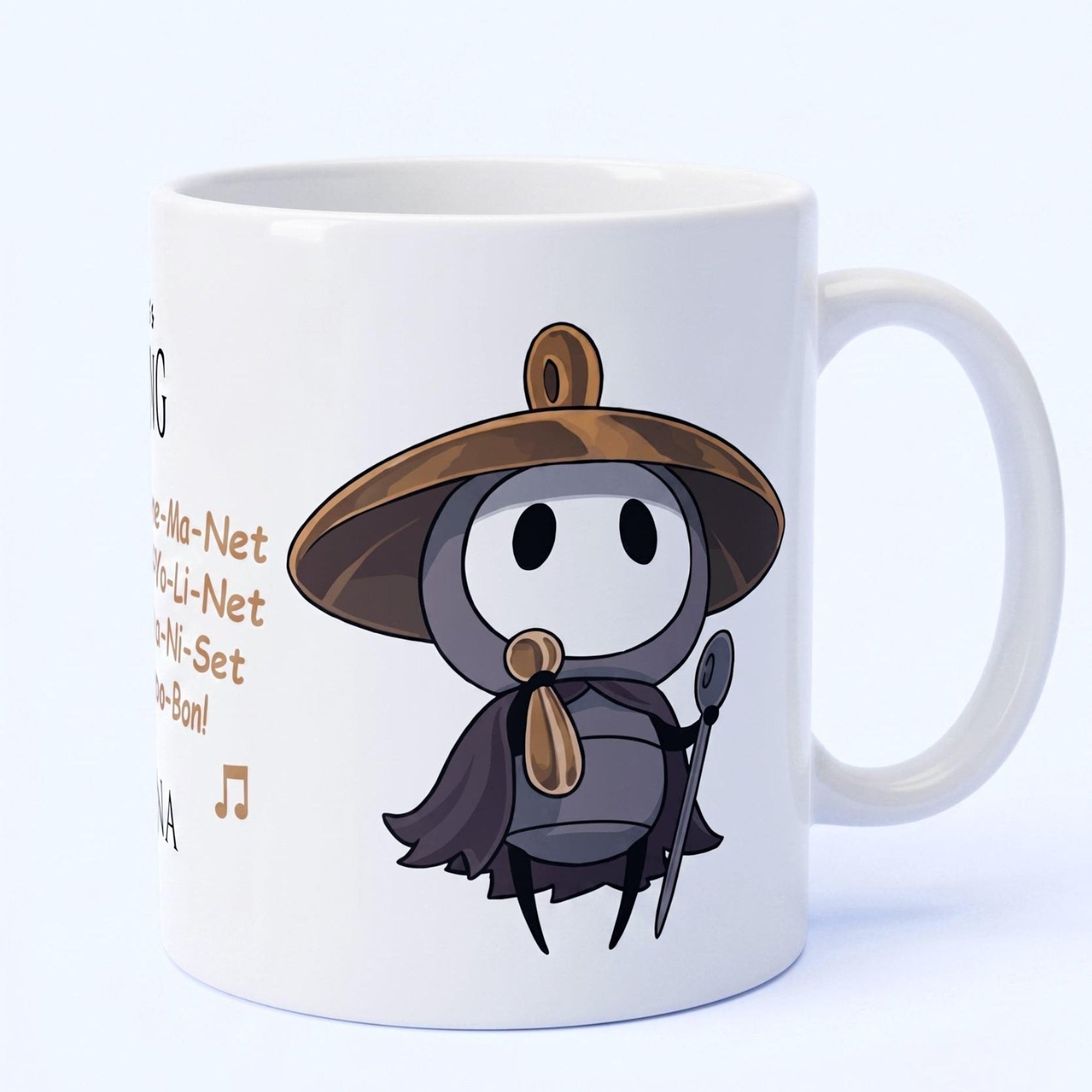 Front view of the ceramic Hollow Knight mug featuring Sherma and musical notes, premium Silksong merch