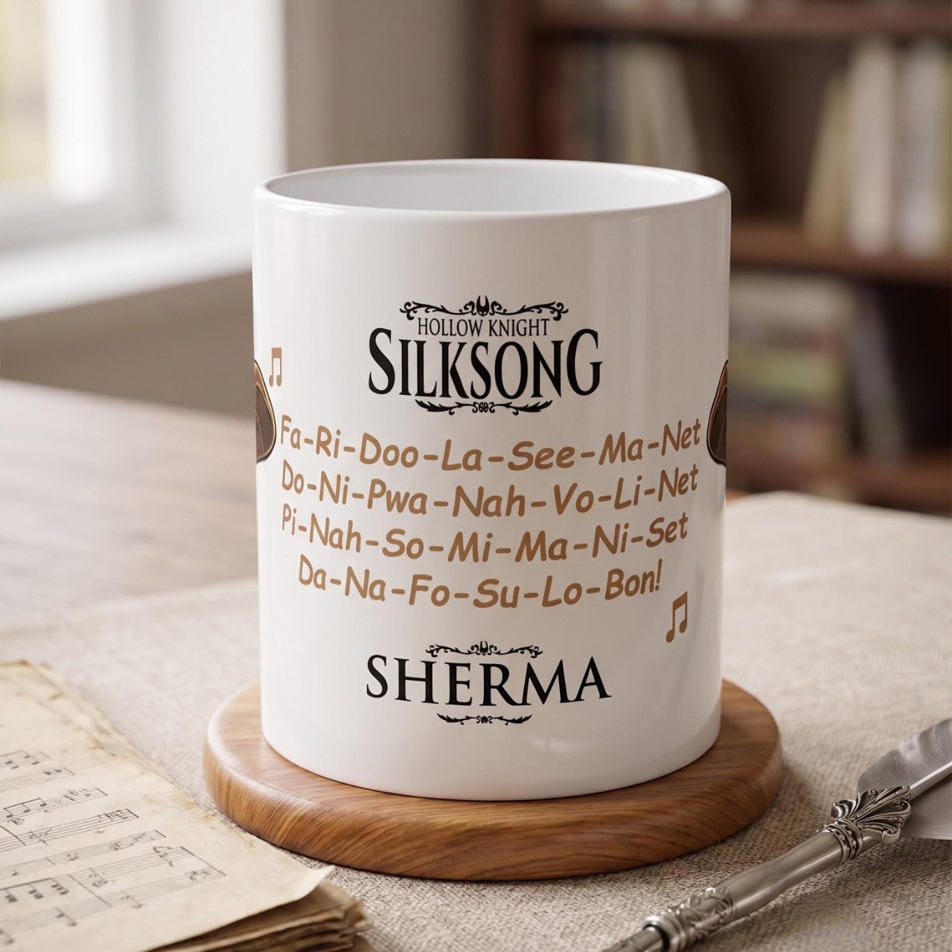 Midđle view of the ceramic Hollow Knight mug featuring Sherma musical notes, premium Silksong merch.