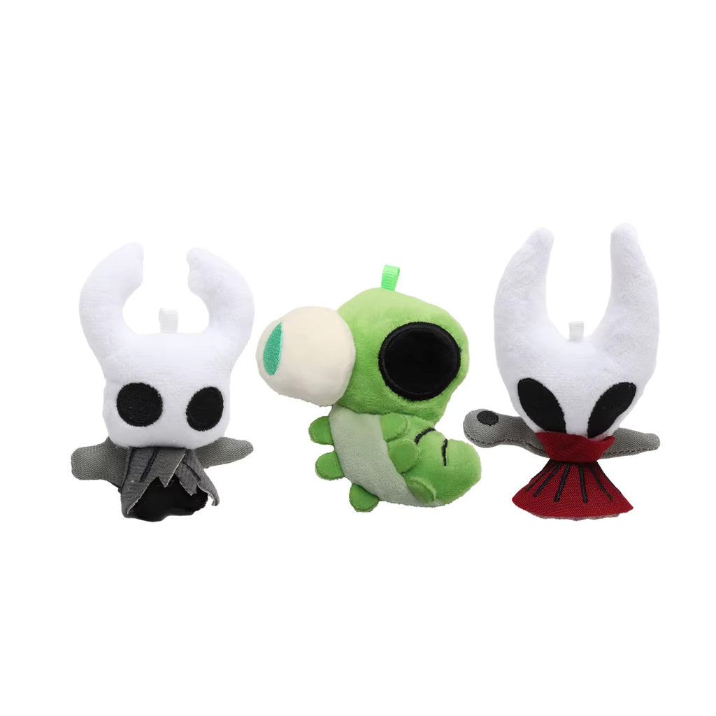 Three small Hollow Knight characters plush toy keychians shown on a plain white background: The Knight, Grub, Hornet