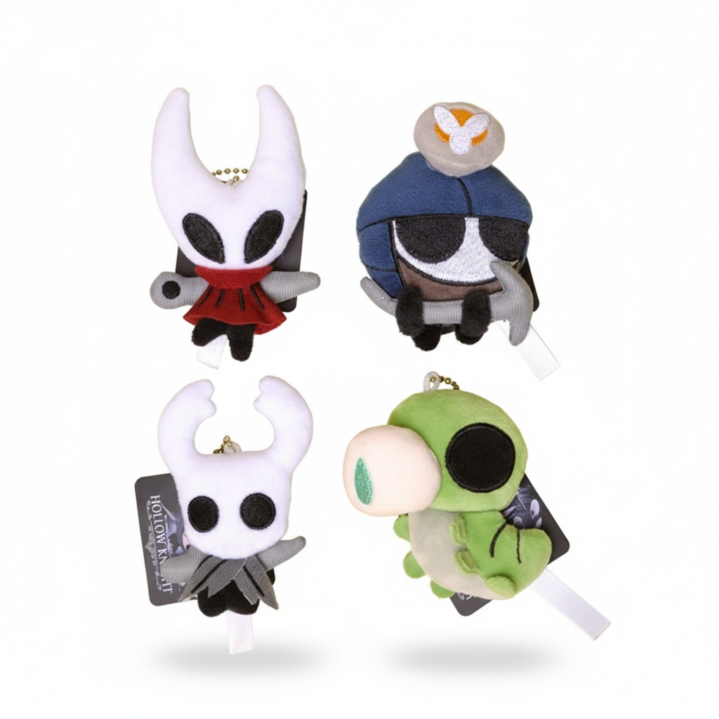 Front view of the Hollow Knight Plush Toy Keychain, highlighting the soft material and clasp.