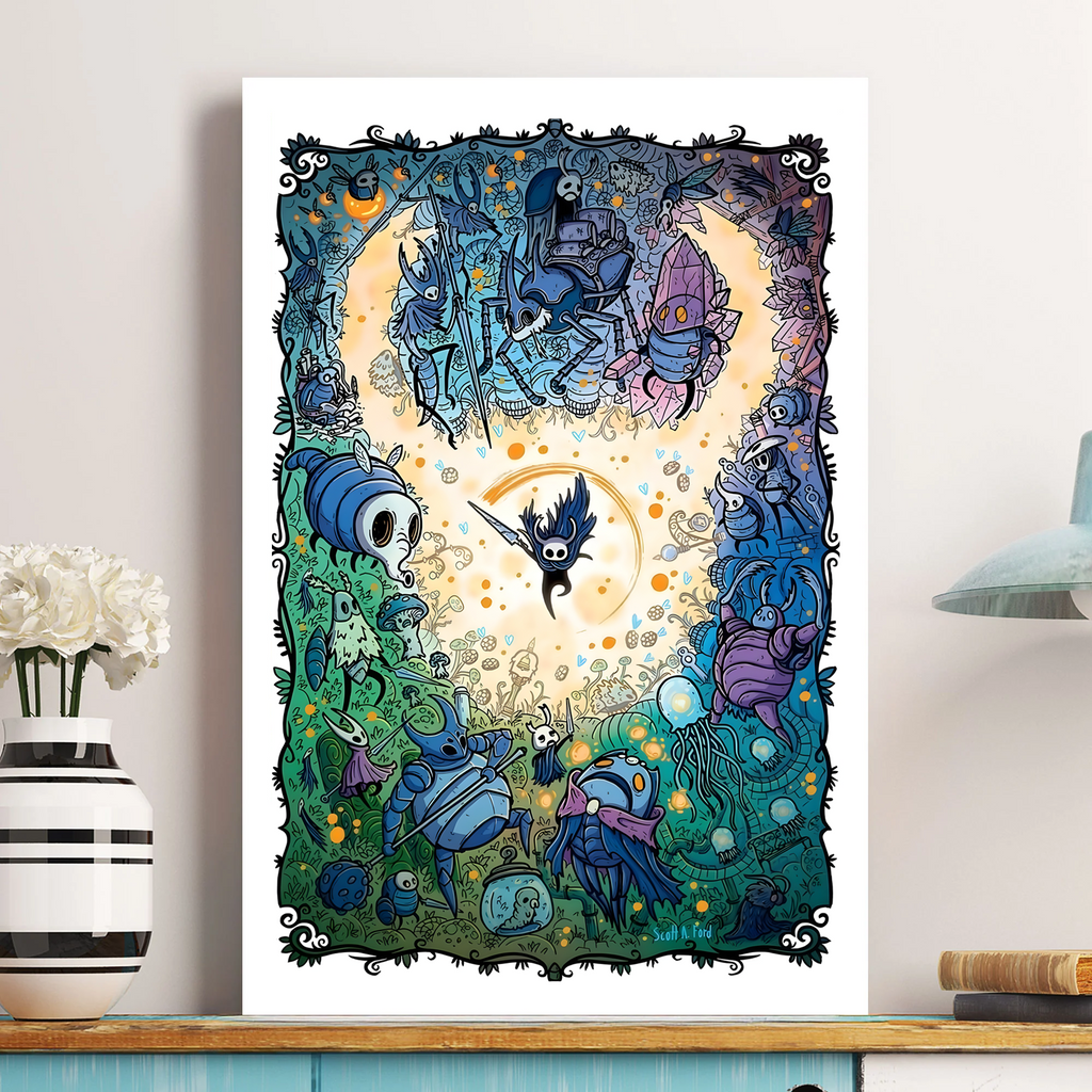 Unframed Hollow Knight Poster print, rolled up and ready for gifting or custom framing.