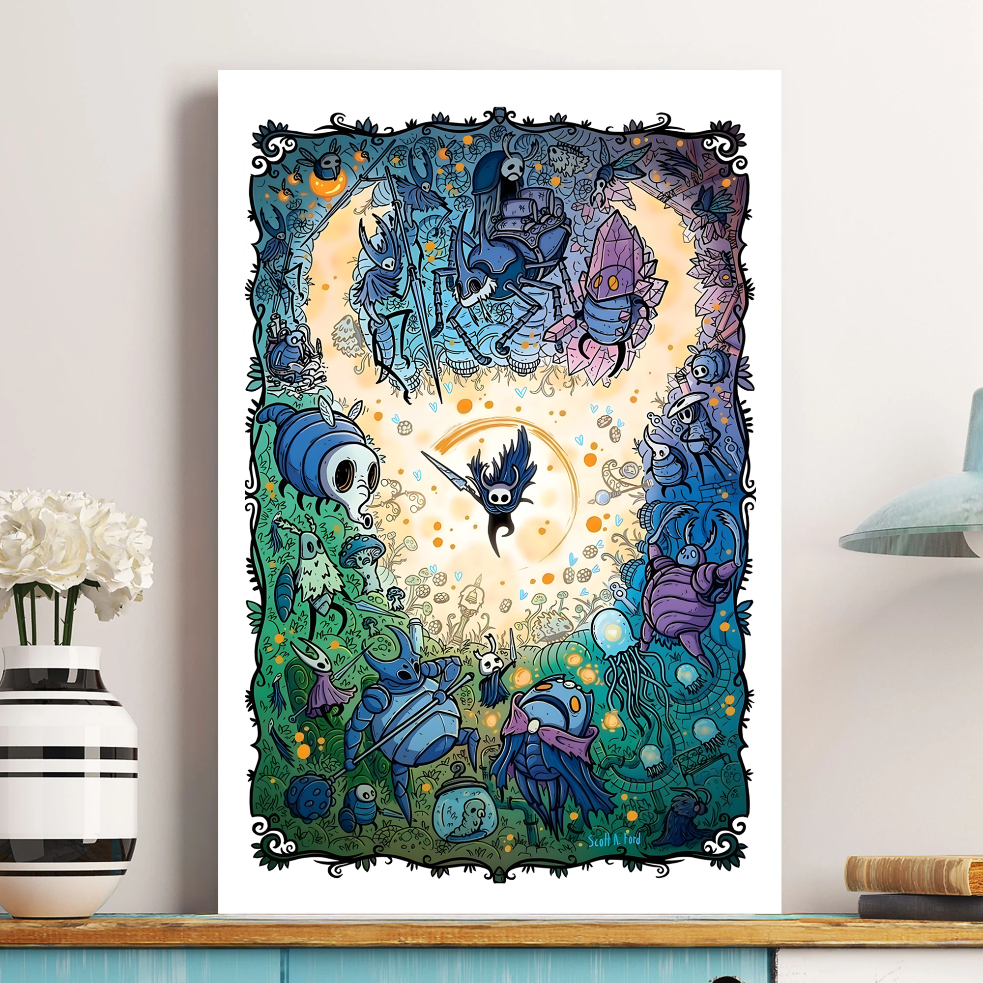 Unframed Hollow Knight Poster print, rolled up and ready for gifting or custom framing.