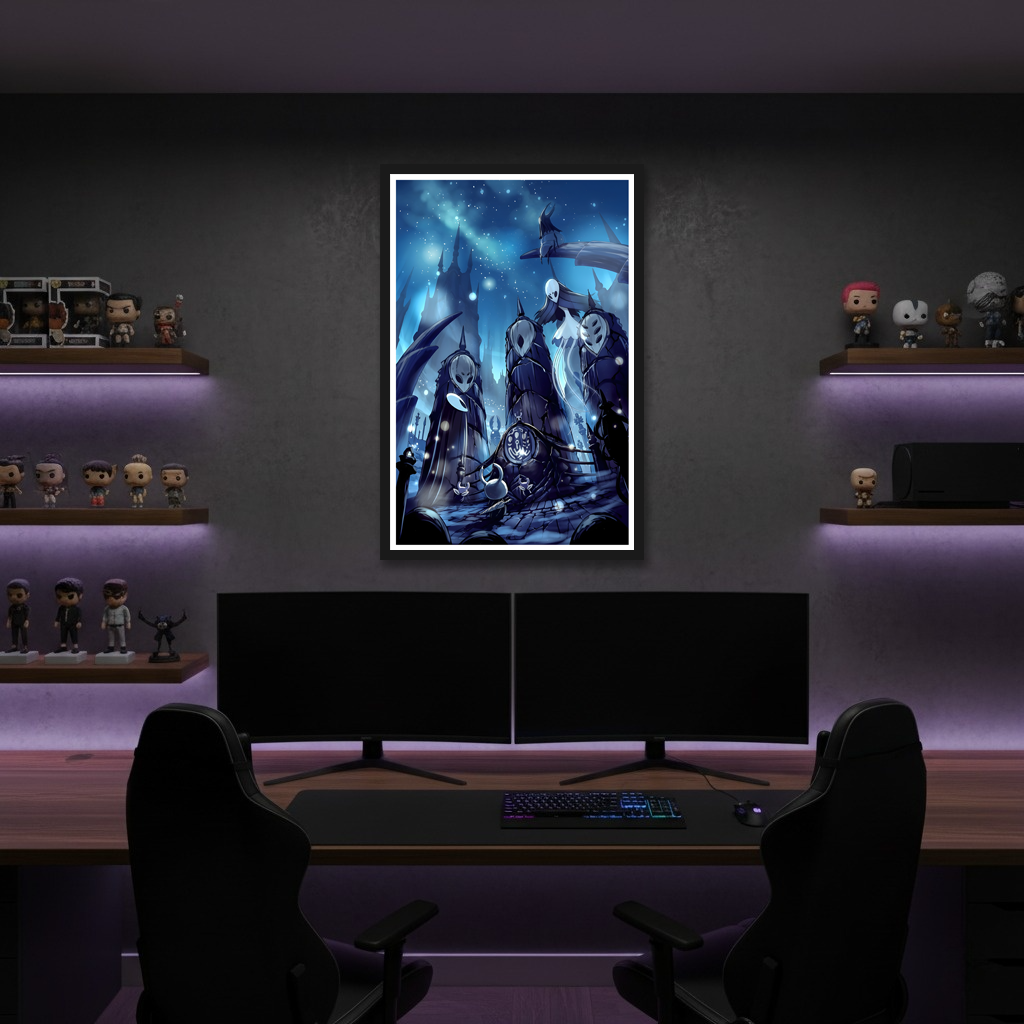Framed Hollow Knight Poster displayed in a gamer's space, showcasing the epic boss montage artwork.