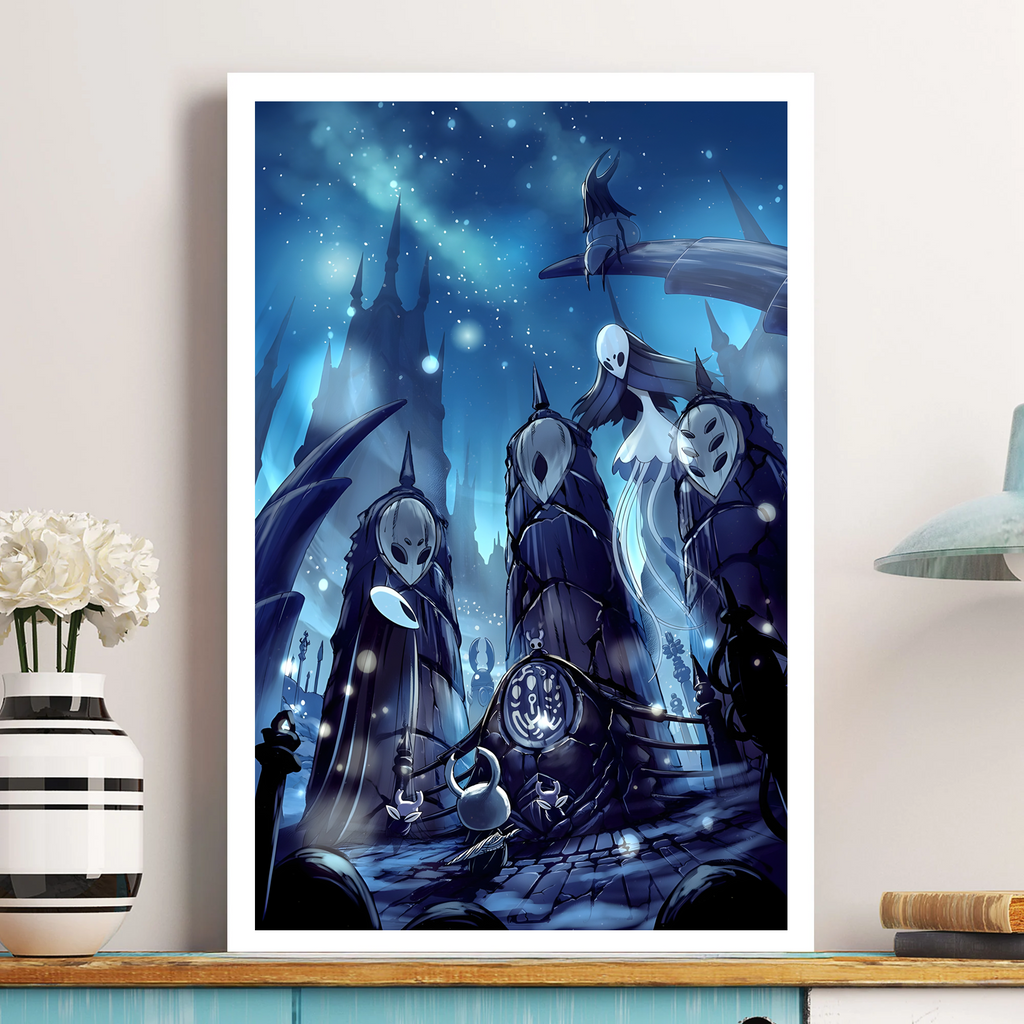 Unframed Hollow Knight Poster print featuring the boss montage, rolled up and ready for gifting.