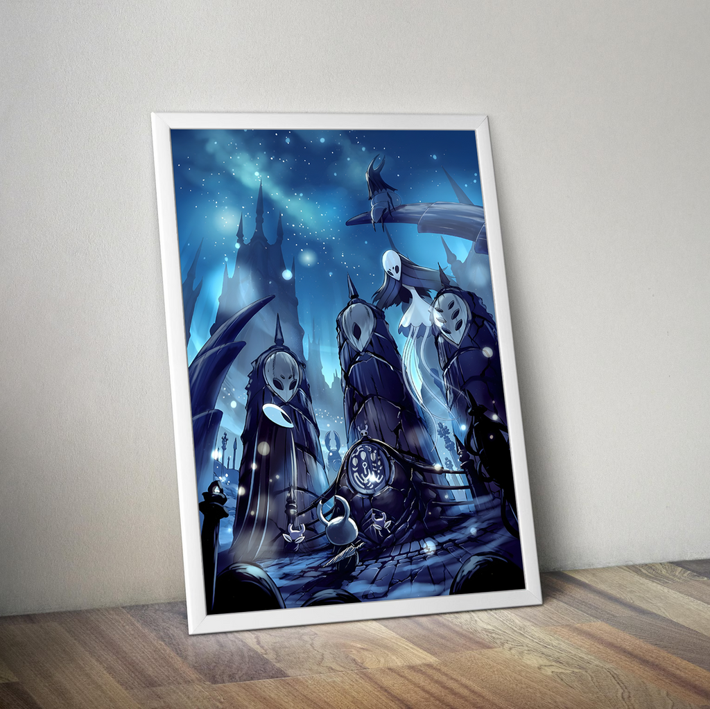 High-quality Hollow Knight Poster print featuring an epic montage of boss characters like Hornet, The Mantis Lords, and others.