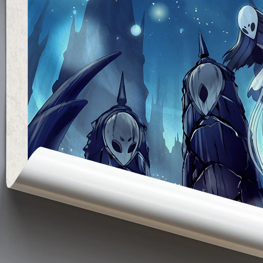 Close-up detail of the Hollow Knight Poster print, highlighting the sharp rendering and dramatic intensity of the boss montage artwork