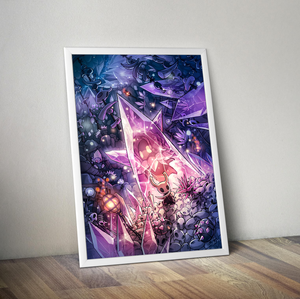 High-quality Hollow Knight Poster print featuring an ensemble of main characters including The Knight, Hornet, and others.