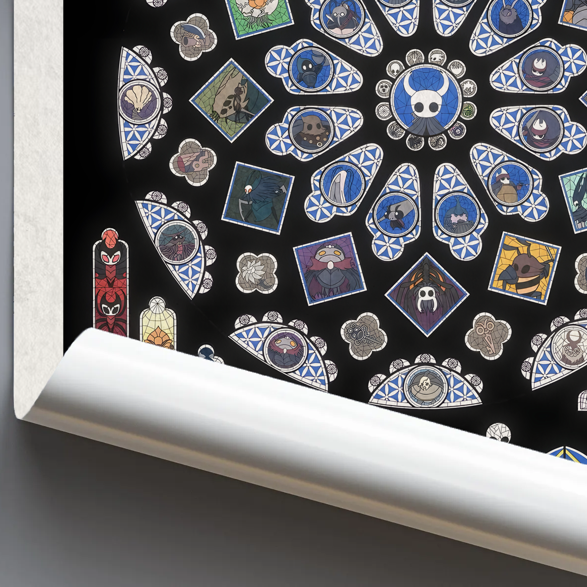 Close-up detail of the Hollow Knight Poster print, highlighting the vibrant colors and sharp lines of the classic artwork.